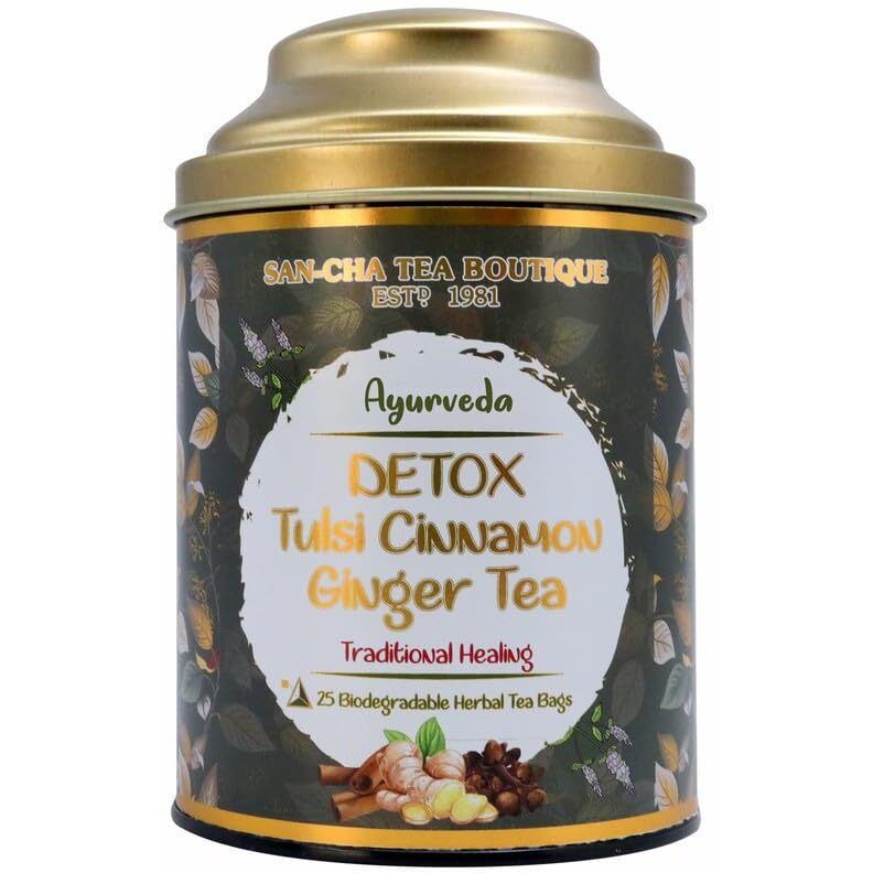 Sancha Tea Boutique, Tulsi Cinnamon Ginger Tea, 25 Pyramid Tea Bags, Ayurveda Tea, Healing Tea