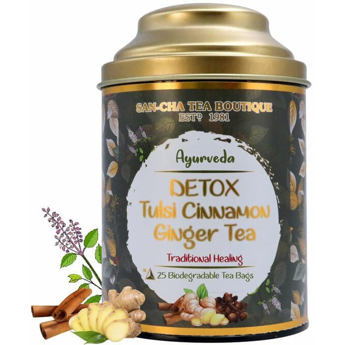 Sancha Tea Boutique, Tulsi Cinnamon Ginger Tea, 25 Pyramid Tea Bags, Ayurveda Tea, Healing Tea