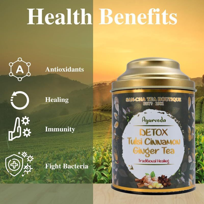 Sancha Tea Boutique, Tulsi Cinnamon Ginger Tea, 25 Pyramid Tea Bags, Ayurveda Tea, Healing Tea