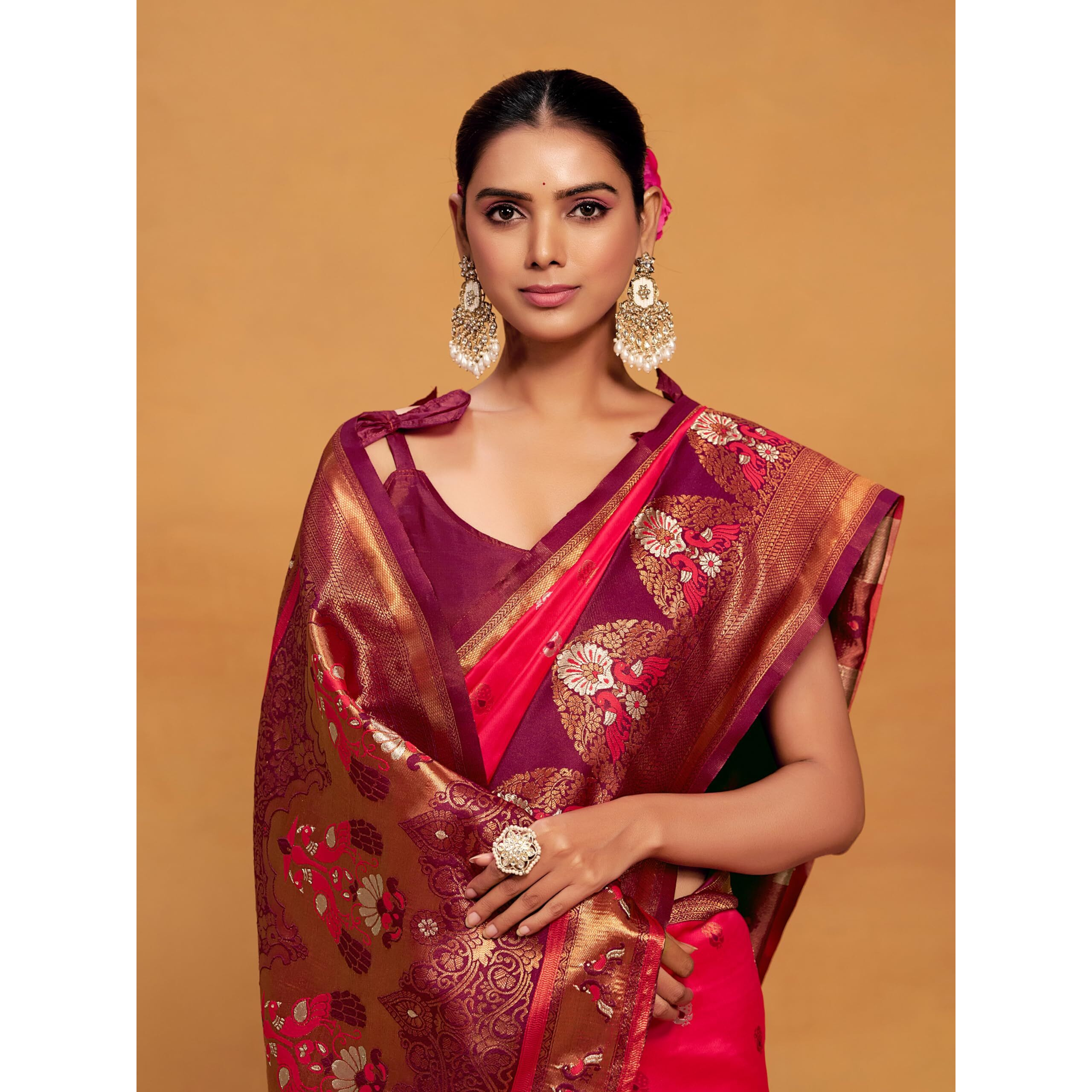 Ethnicjunction Women's Silk Blend Woven Paithani Saree With Blouse Piece (Pink & Wine)