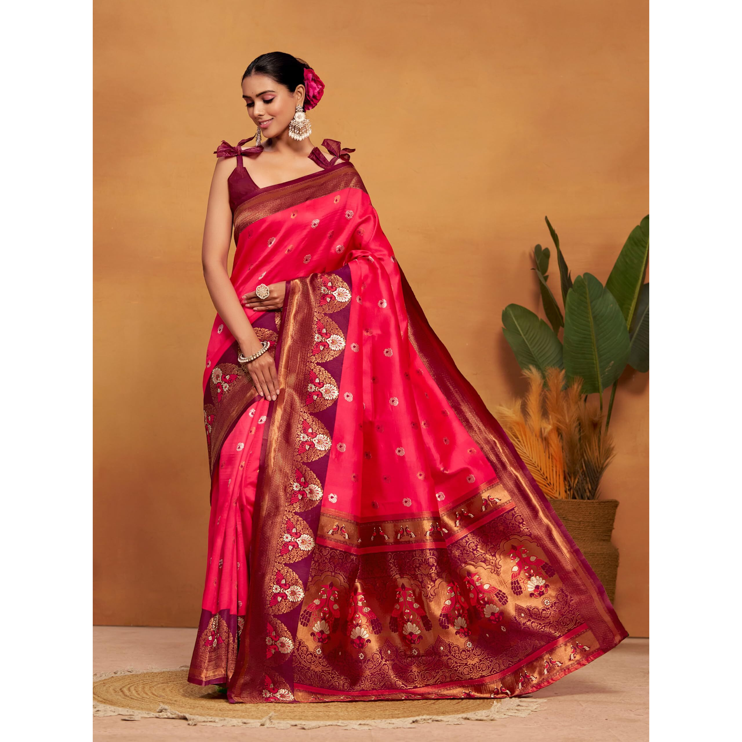 Ethnicjunction Women's Silk Blend Woven Paithani Saree With Blouse Piece (Pink & Wine)