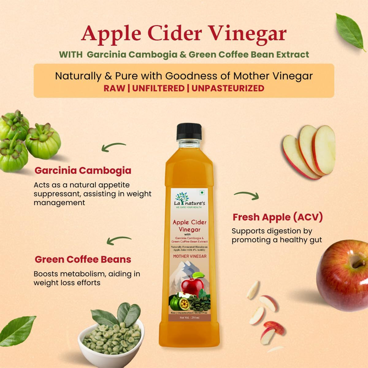 La Nature's Apple Cider Vinegar With Mother With Green Coffee Bean And Garcinia Cambogia Extract For Men And Women - 250Ml (Pack Of 2)