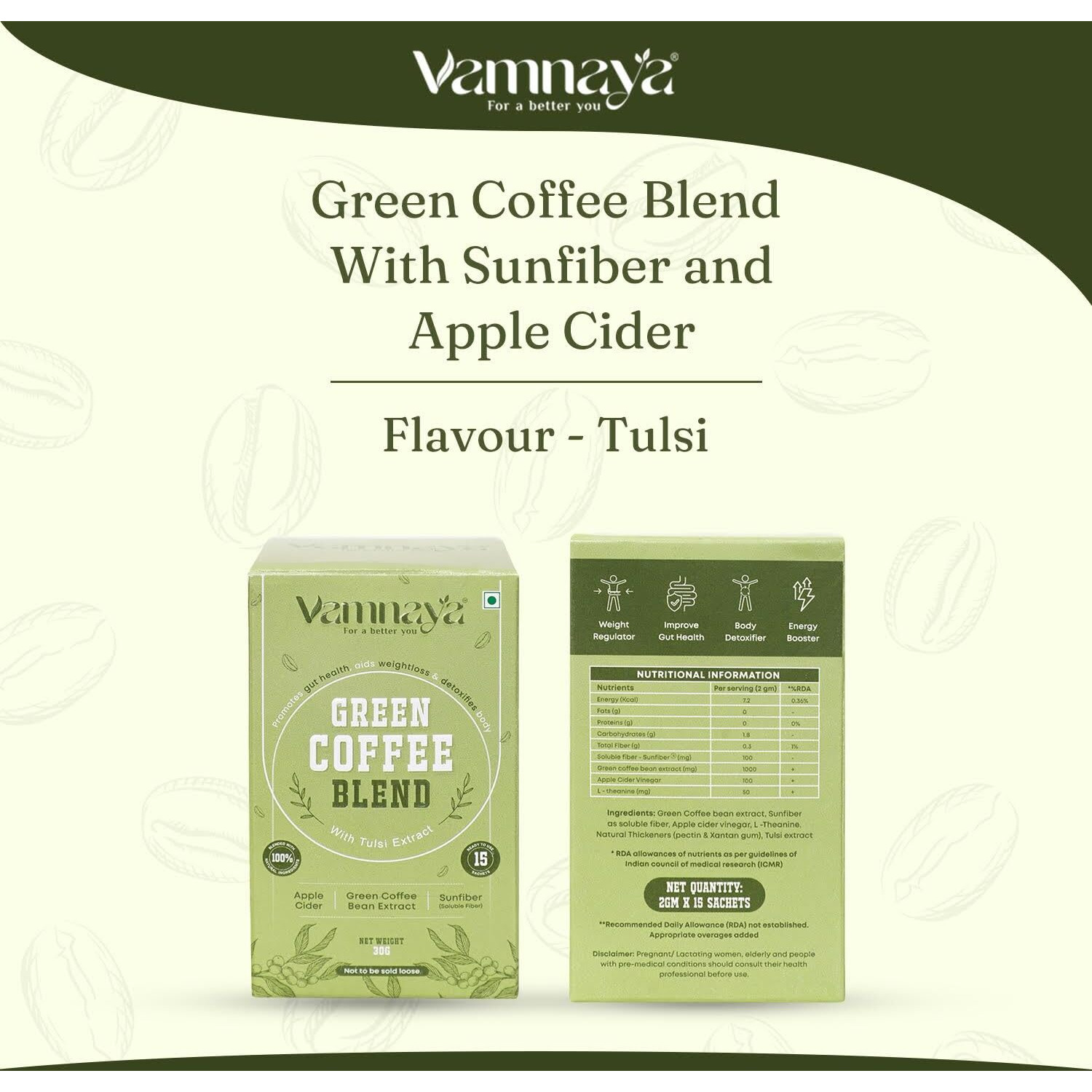 Vamnaya Green Coffee Blend With Sunfiber | Tulsi & Apple Cider | For Weight Management | Gut Health & Energy Boost | Pack Of 4 (60 Servings)