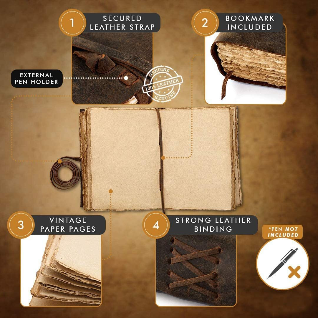 Alcraft Leather Journal Vintage Leather Bound Handmade Antique Deckle Edge Paper Sketchbook Book Of Shadows Thick Journal For Men And Women- 6 X 4.5 Inches, 200 Pages