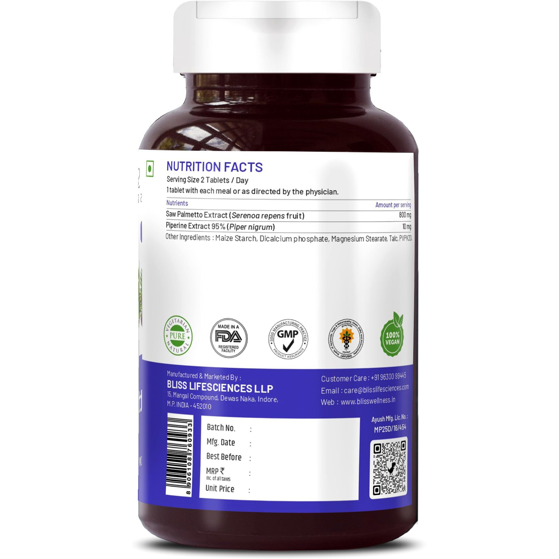 Bliss Welness Saw Palmetto Extract 800 Mg | Hair Growth Prostate Health Support Urinary Tract Function Prevent Hair Fall Ayurvedic Dht Blocker Health Supplement - 60 Vegetarian Tablets (Pack Of 2)