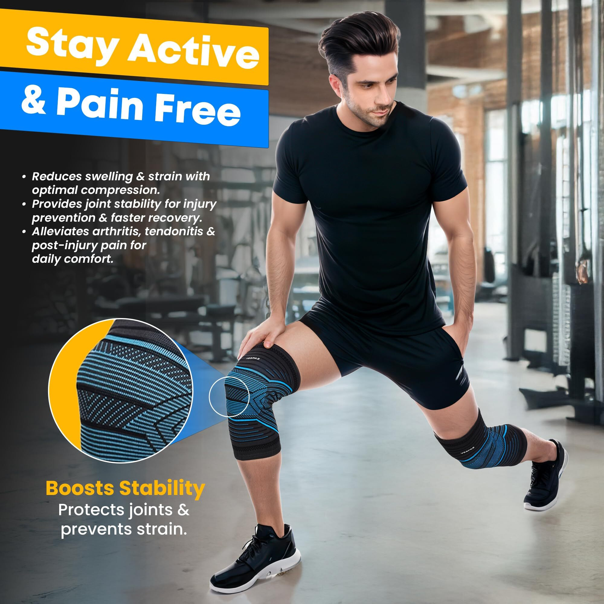 Vespas Knee Cap Compression 2-Pack Knee Support For Men And Women Breathable And Stretchy Nylon Knee Brace Knee Brace For Knee Pain Relief And Support Ideal For Gym, Sports (Xl, Blue & Black)
