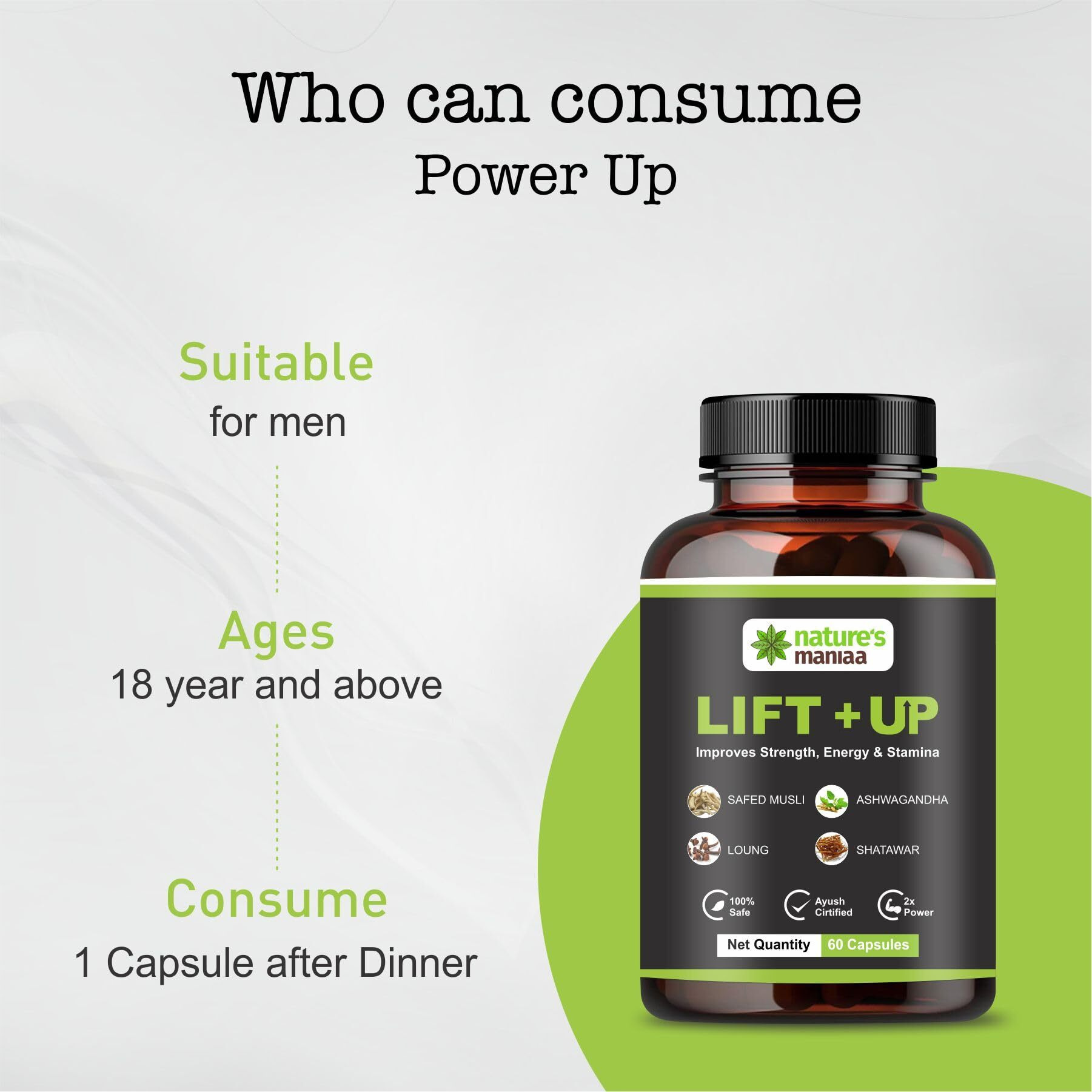 Nature's Maniaa Ayurvedic Lift-Up Capsule - 60 Capsules | For Men's | Pack Of 1, 1 Count