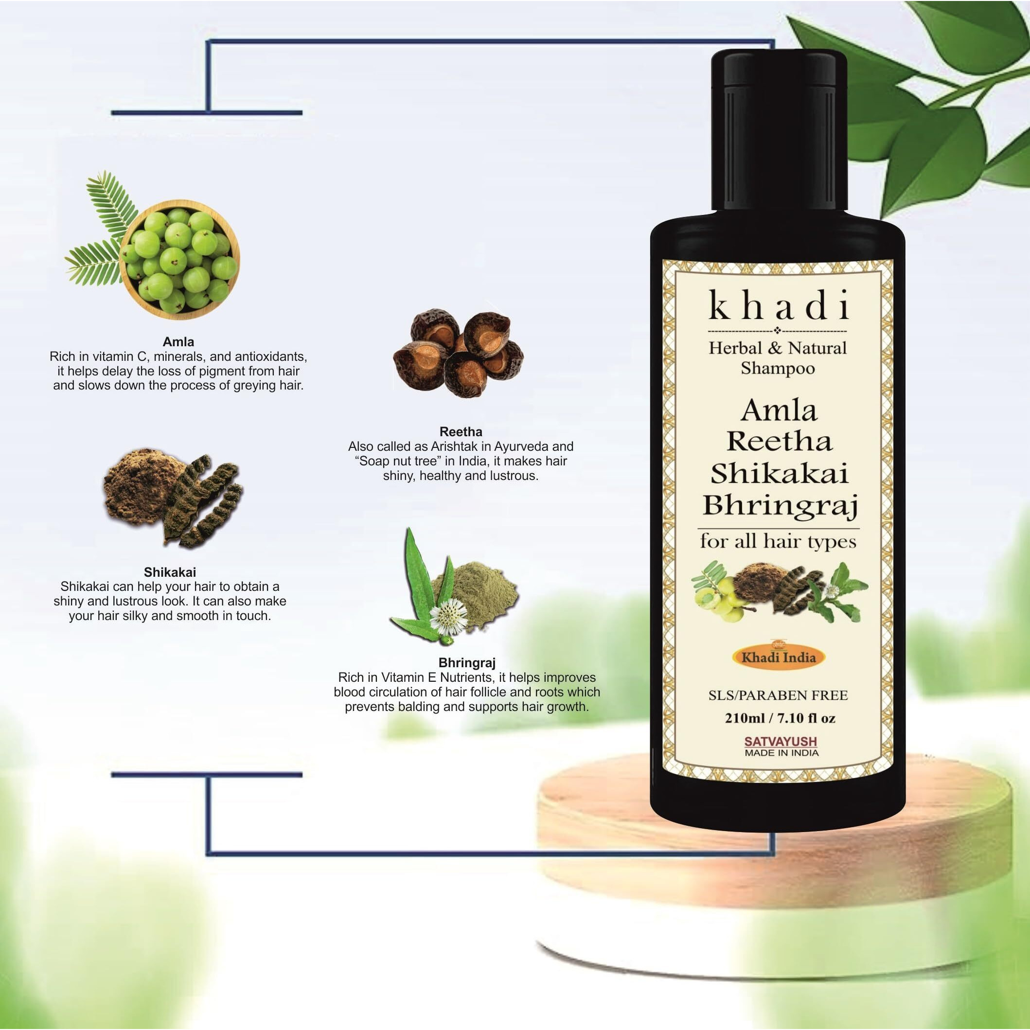 Satvayush Khadi Amla Reetha Shikakai Bhringraj Sls-Paraben Free Ayurvedic Shampoo Anti Dandruff -420 Ml