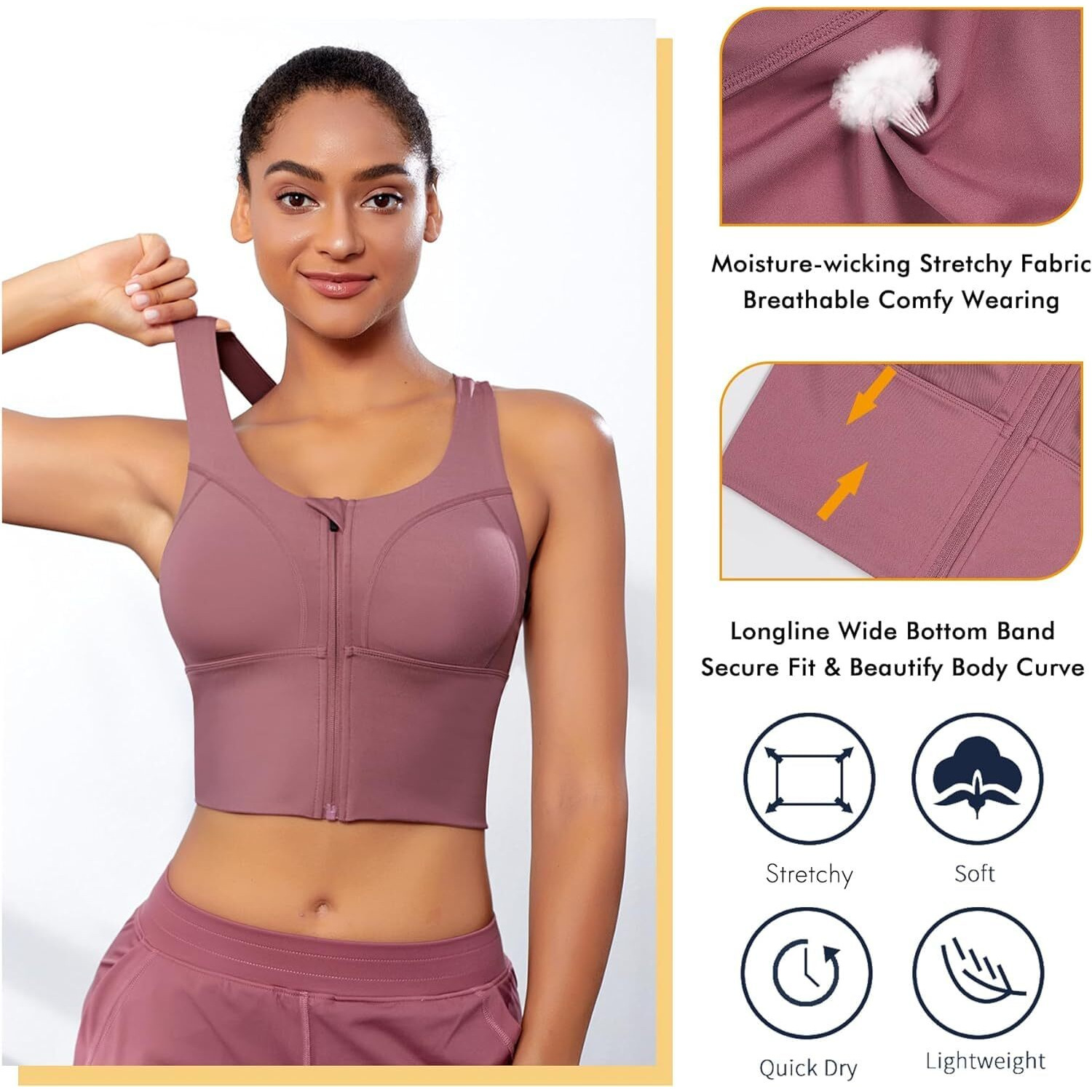 Glamoras Women Polyester Spandex High Impact Front Zip Sports Bra Longline Fitness Criss Cross Back Crop Tops Tank Gym Yoga Workout, Size M-4Xl Pink
