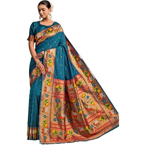 Ethnicjunction Women's Pure Silk Paithani Woven Saree With Blouse Piece,Rama