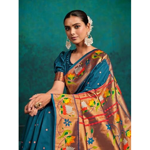 Ethnicjunction Women's Pure Silk Paithani Woven Saree With Blouse Piece,Rama