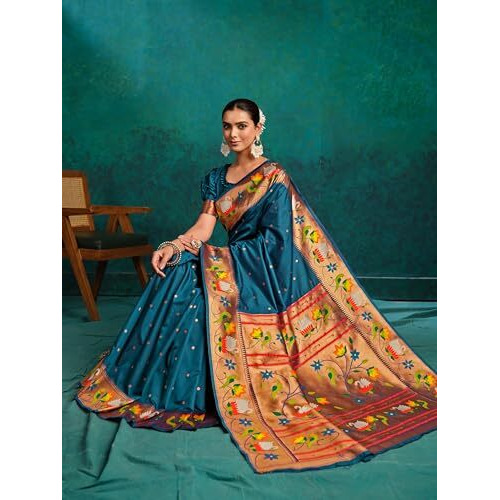 Ethnicjunction Women's Pure Silk Paithani Woven Saree With Blouse Piece,Rama