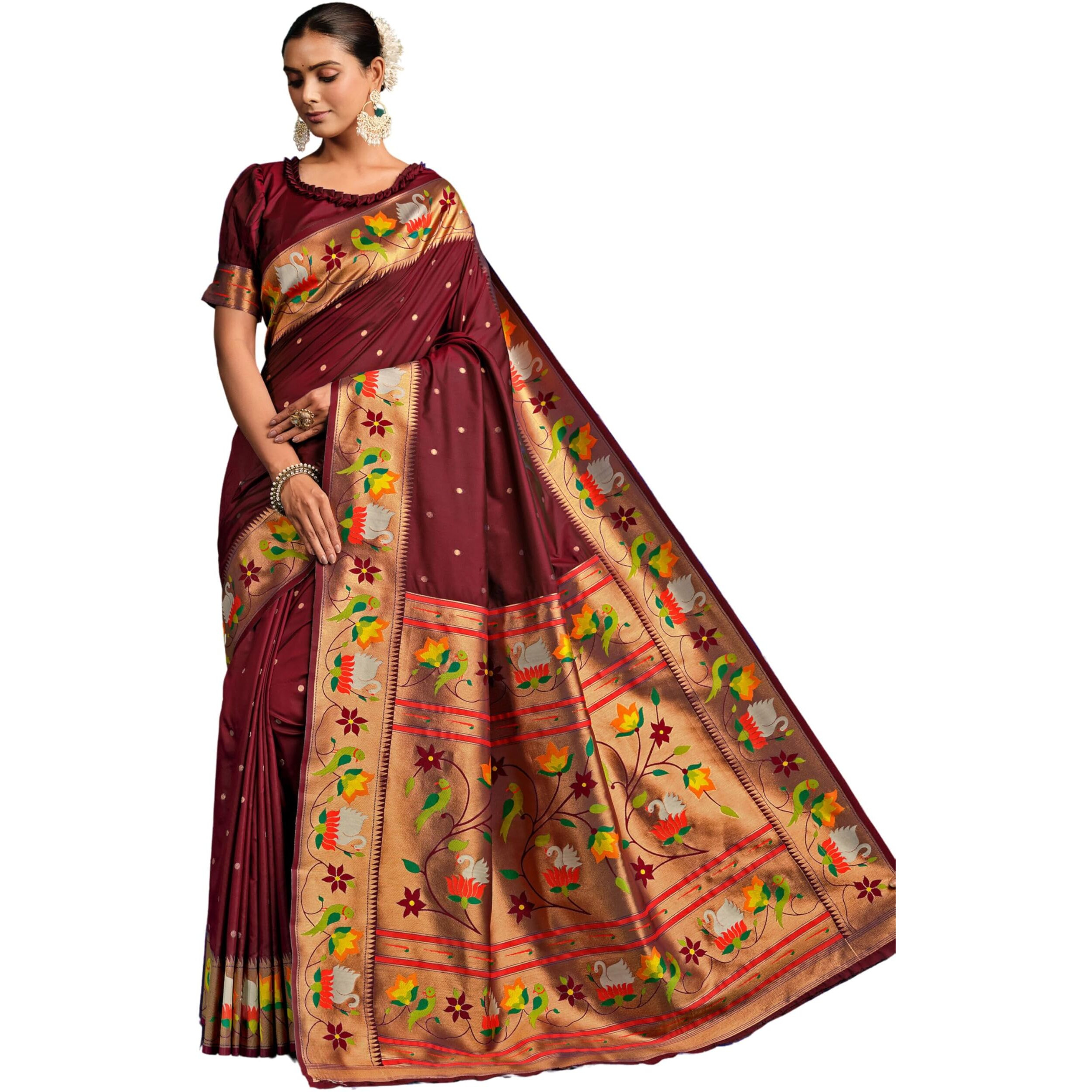 Ethnicjunction Women's Pure Silk Paithani Woven Saree With Blouse Piece, Brown