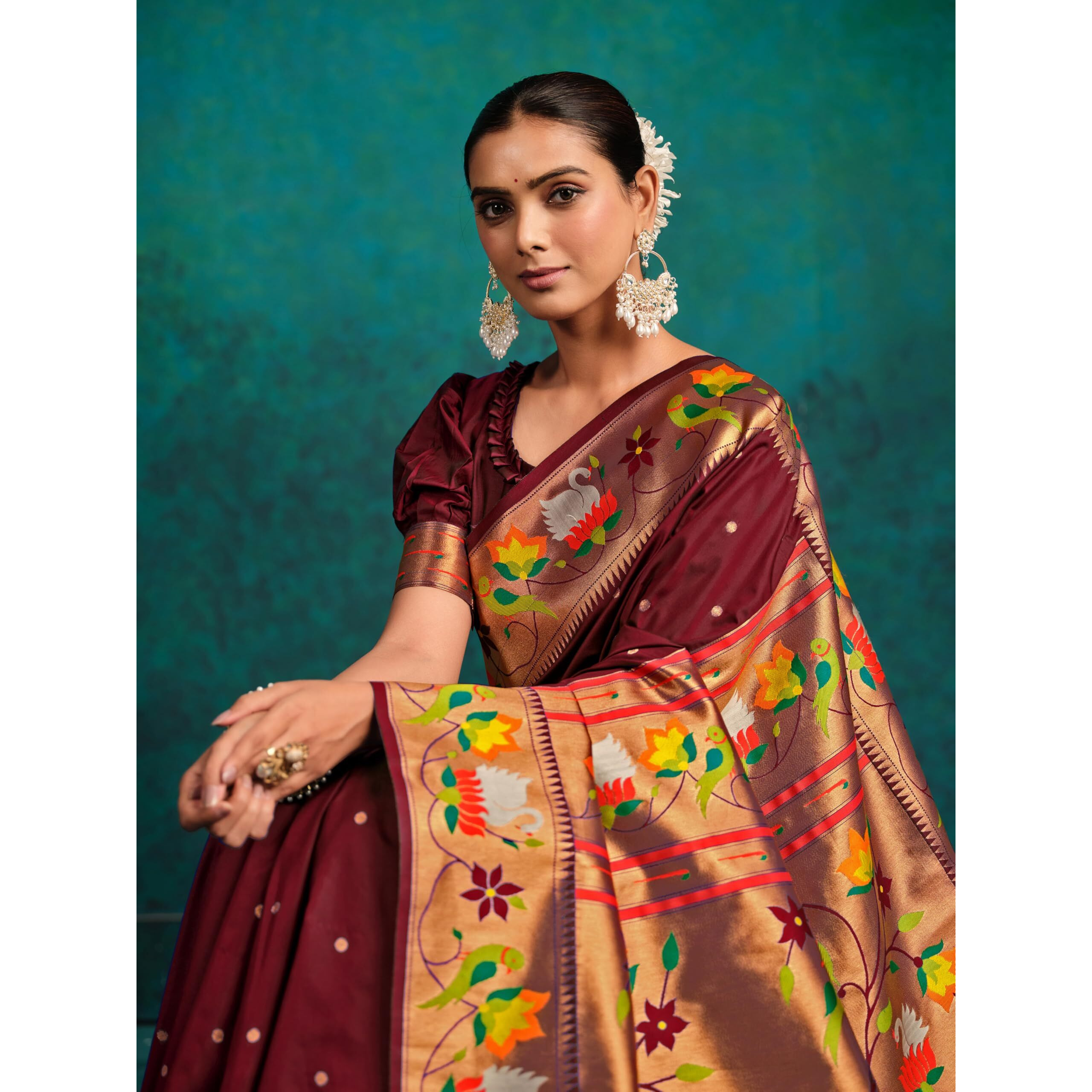 Ethnicjunction Women's Pure Silk Paithani Woven Saree With Blouse Piece, Brown
