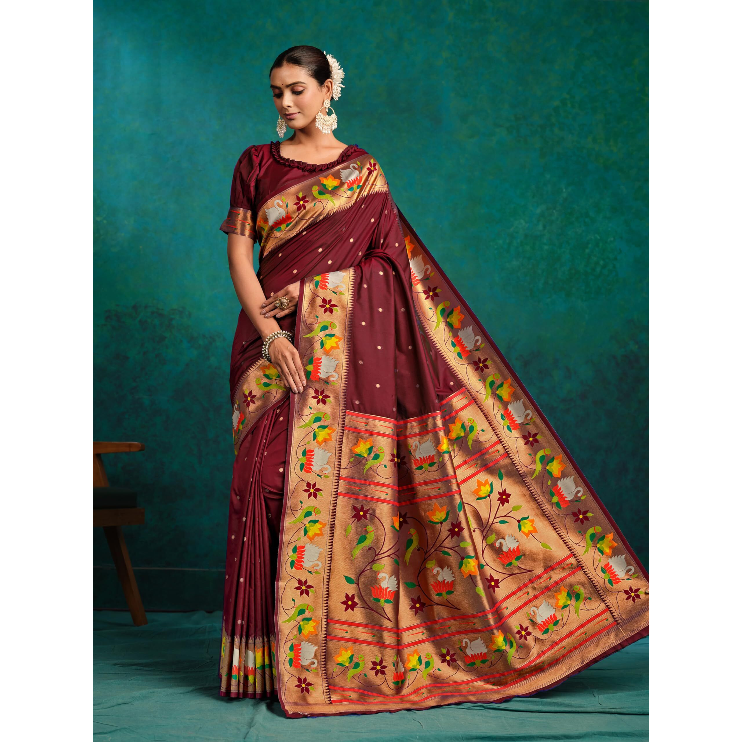 Ethnicjunction Women's Pure Silk Paithani Woven Saree With Blouse Piece, Brown