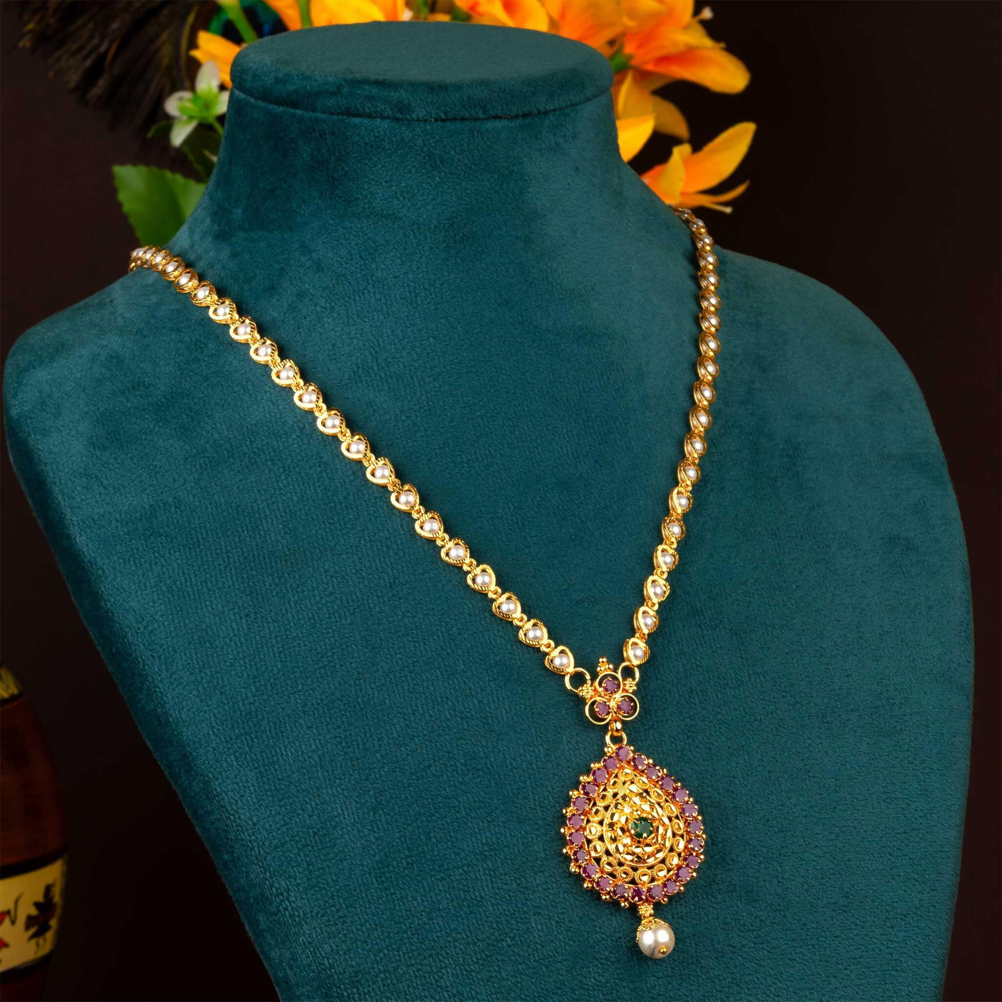 Sasitrends 1 Gram Micro Gold Plated Traditional Handmade Ruby Emerald Dollar With 24 Inches Long Chain For Women & Girls