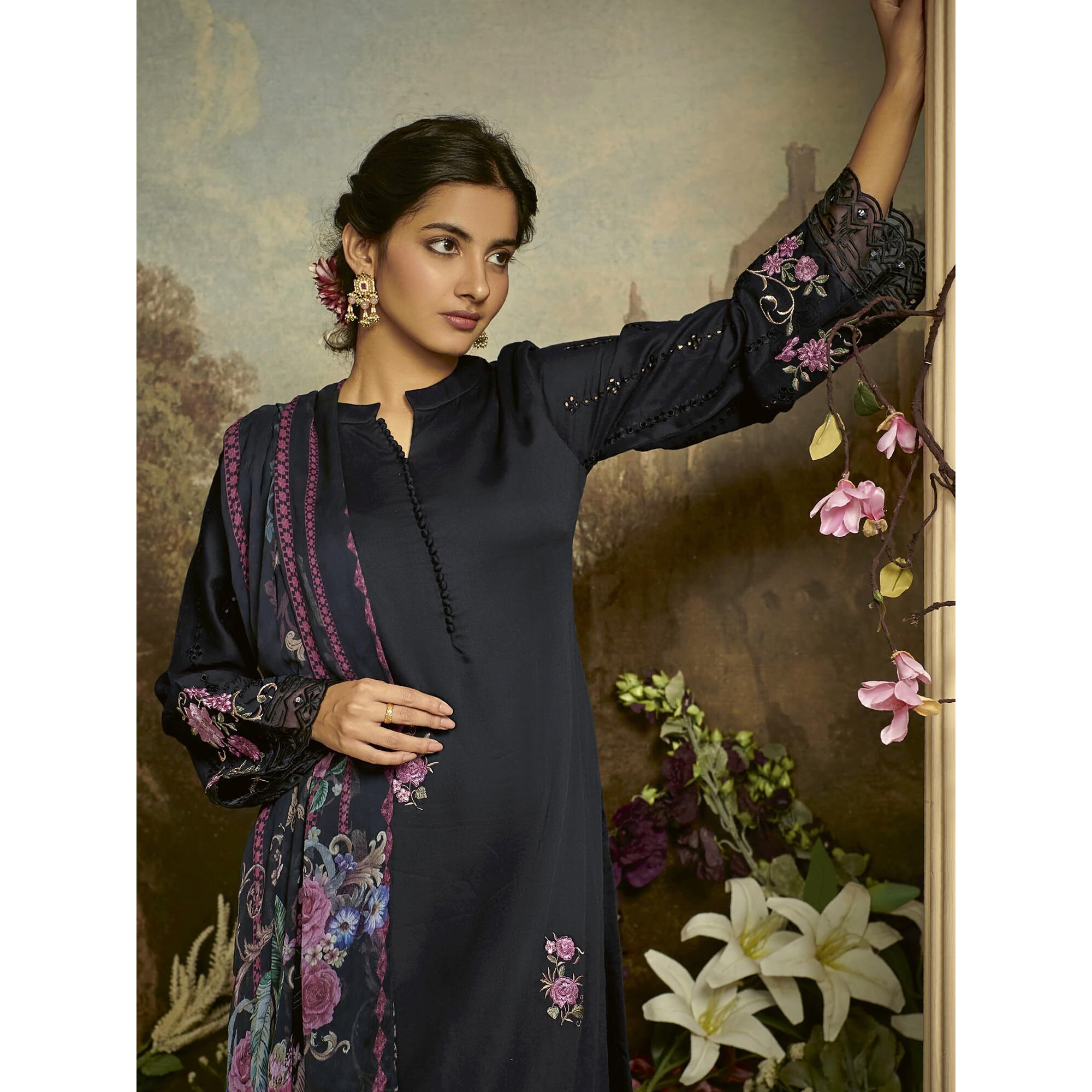Indo Era Women's Embroidered Silk Blend Calf Length Straight Kurta Pant With Dupatta Set (Ieout7410_Medium)