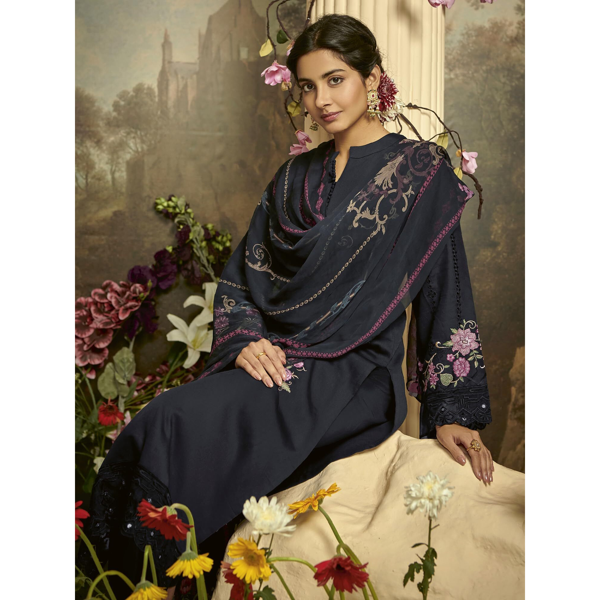 Indo Era Women's Embroidered Silk Blend Calf Length Straight Kurta Pant With Dupatta Set (Ieout7410_Medium)