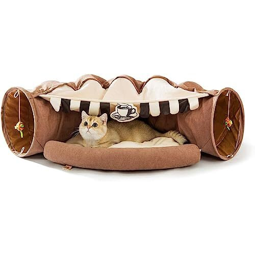 House Of Pets 2 In 1 Cat Bed Cat Tunnel Collapsible, Washable Home For Indoor Cats - Small, Medium, Large (Coffee)