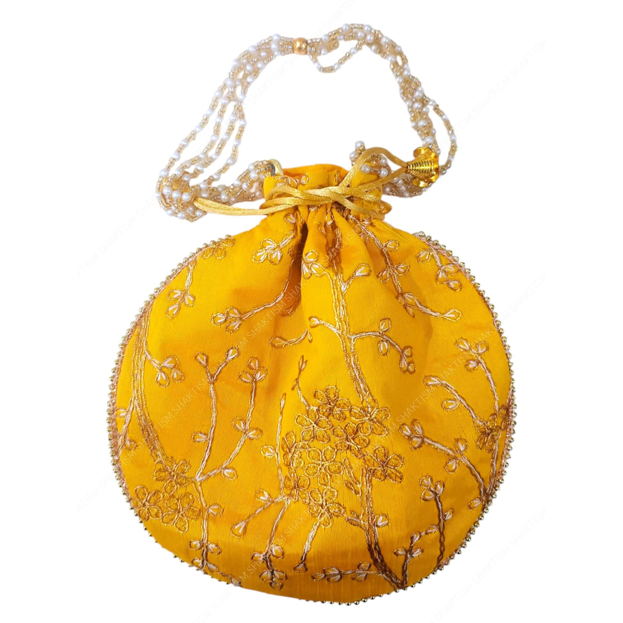Shaktism Matka Embroidered Potli Silk Storage, Potli Pouches For Jewelleries Return Gift Bags, Women's Handbag Shagun Bags For Weeding, Engagement - 1Pc (Yellow)