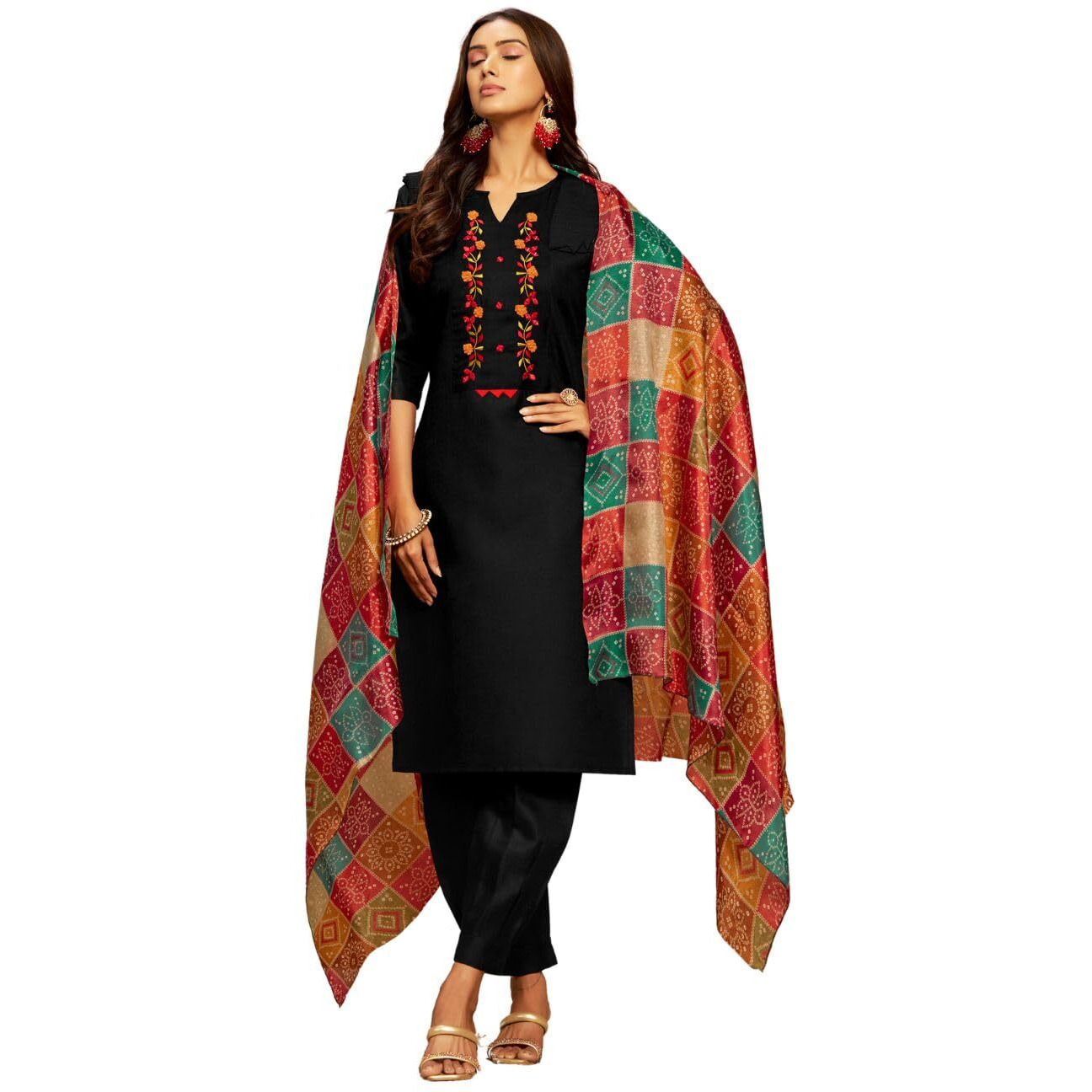 Ethnicjunction Women's Embroidered Mirror Work Cotton Straight Salwar Kurta Dupatta Set Black