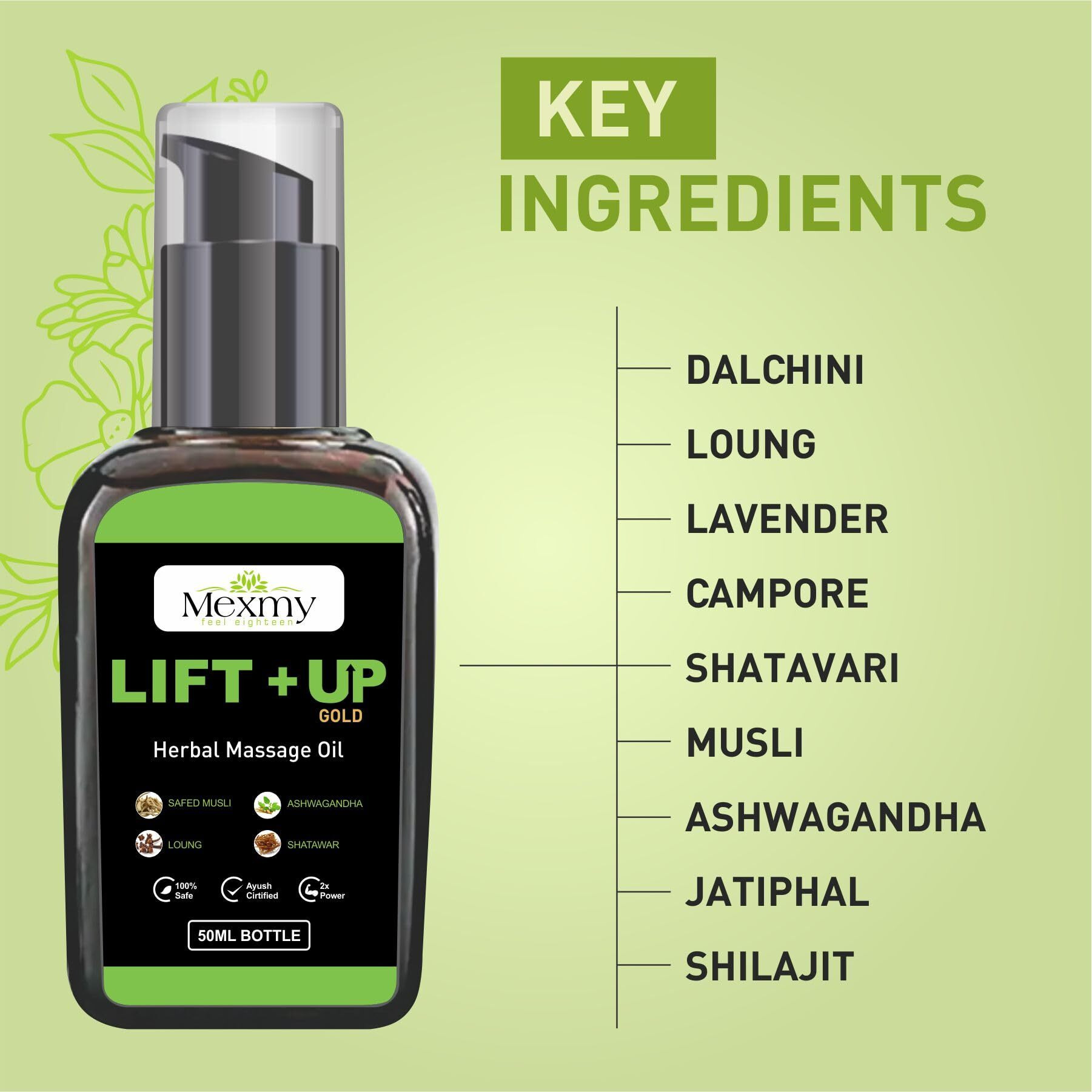 Mexmy Feel Eighteen Lift-Up Massage Oil For Men 100% Pure And Natural - 50 Ml | Original Lift Up Oil | Ayurvedic Lift Up Oil For Men