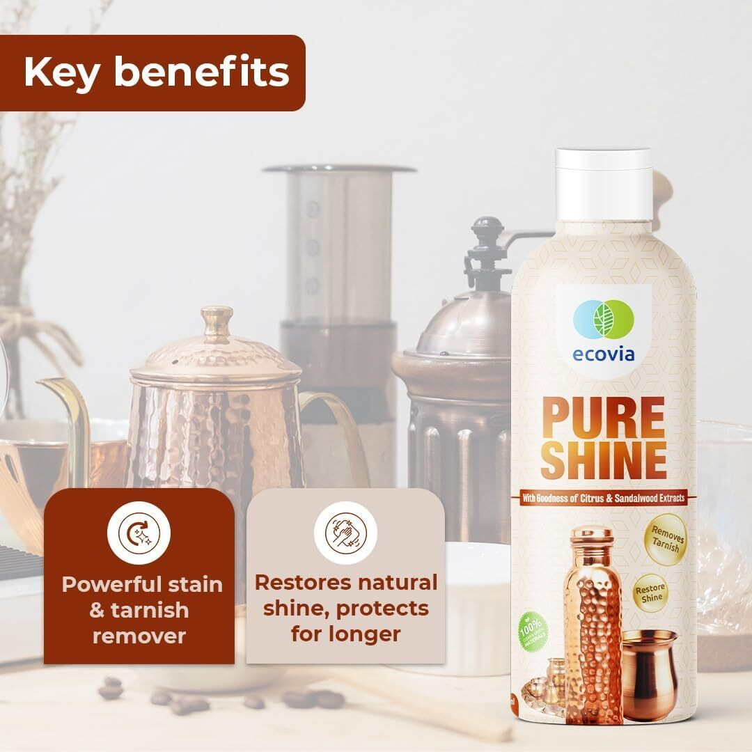Ecovia Pure Shine | Eco-Friendly Brass & Copper Cleaning Gel | Removes Tarnish & Restores Shine | Ideal For Pooja Items, Copper Utensils & Metal Decor | Citrus & Sandalwood Extracts - 300Ml (Pack 2)