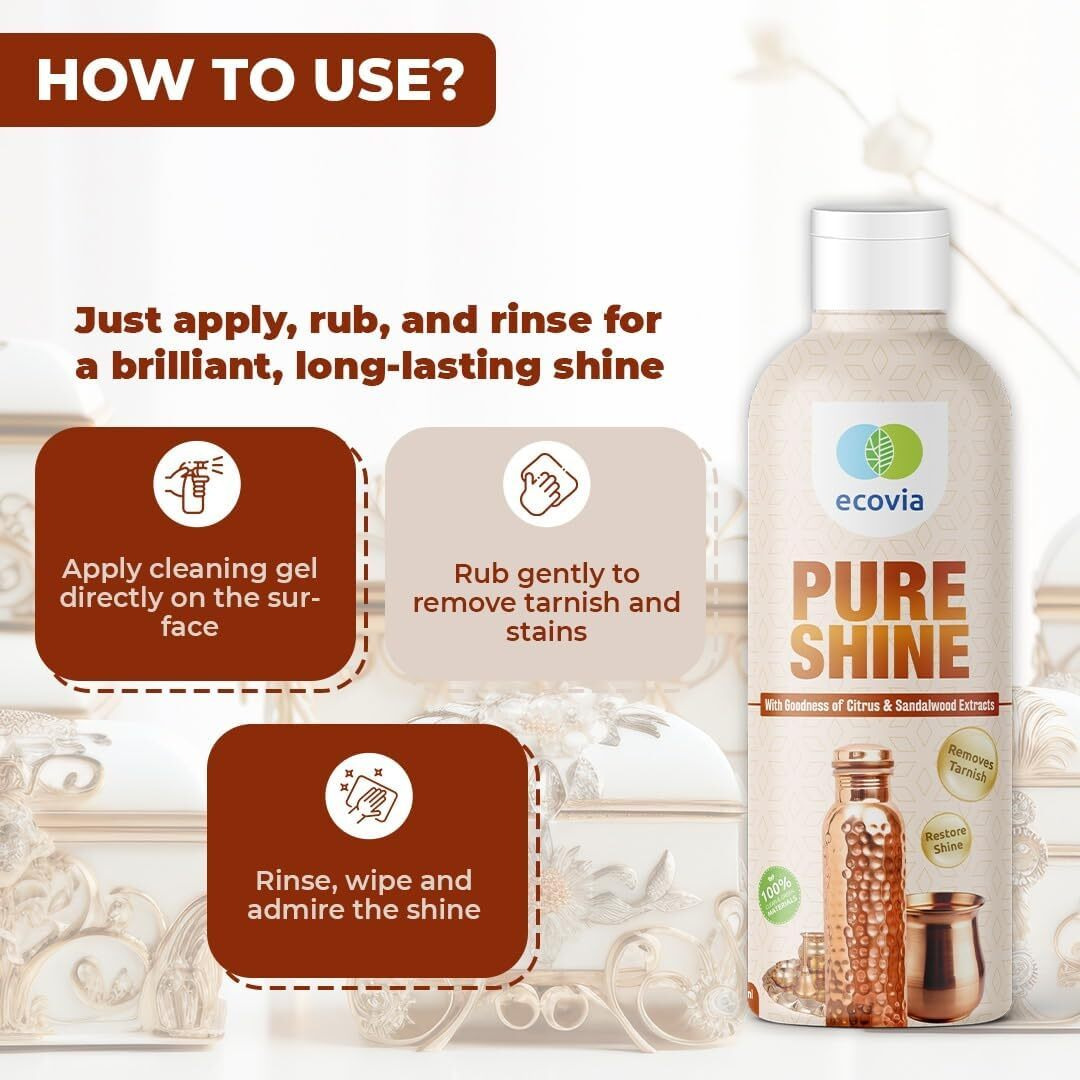 Ecovia Pure Shine | Eco-Friendly Brass & Copper Cleaning Gel | Removes Tarnish & Restores Shine | Ideal For Pooja Items, Copper Utensils & Metal Decor | Citrus & Sandalwood Extracts - 300Ml (Pack 2)