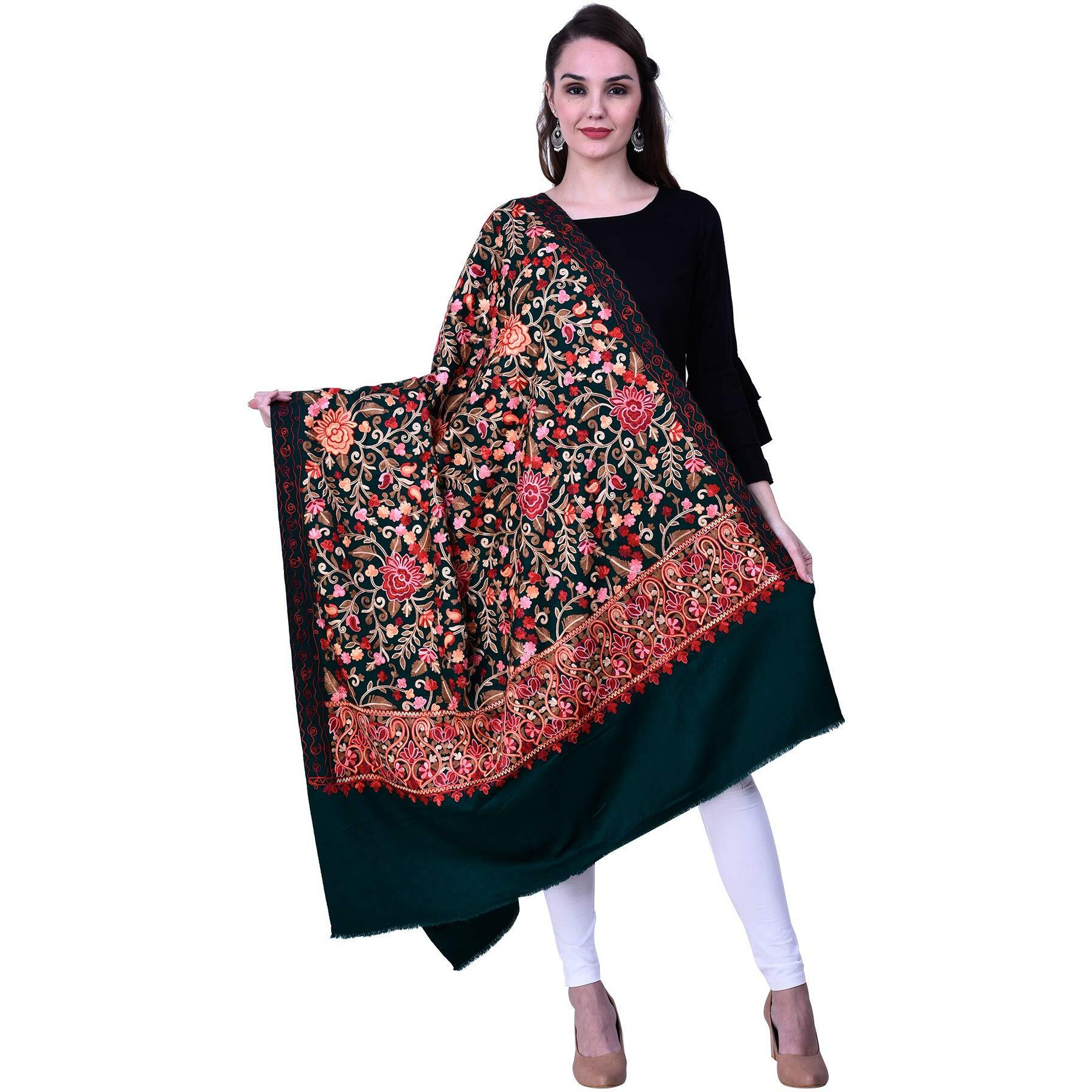Swi With Label Women's Kashmiri Wool Blended Shawl Embroidered By Kashmiri Artisans, (Large Size - 40 X 80 Inches)