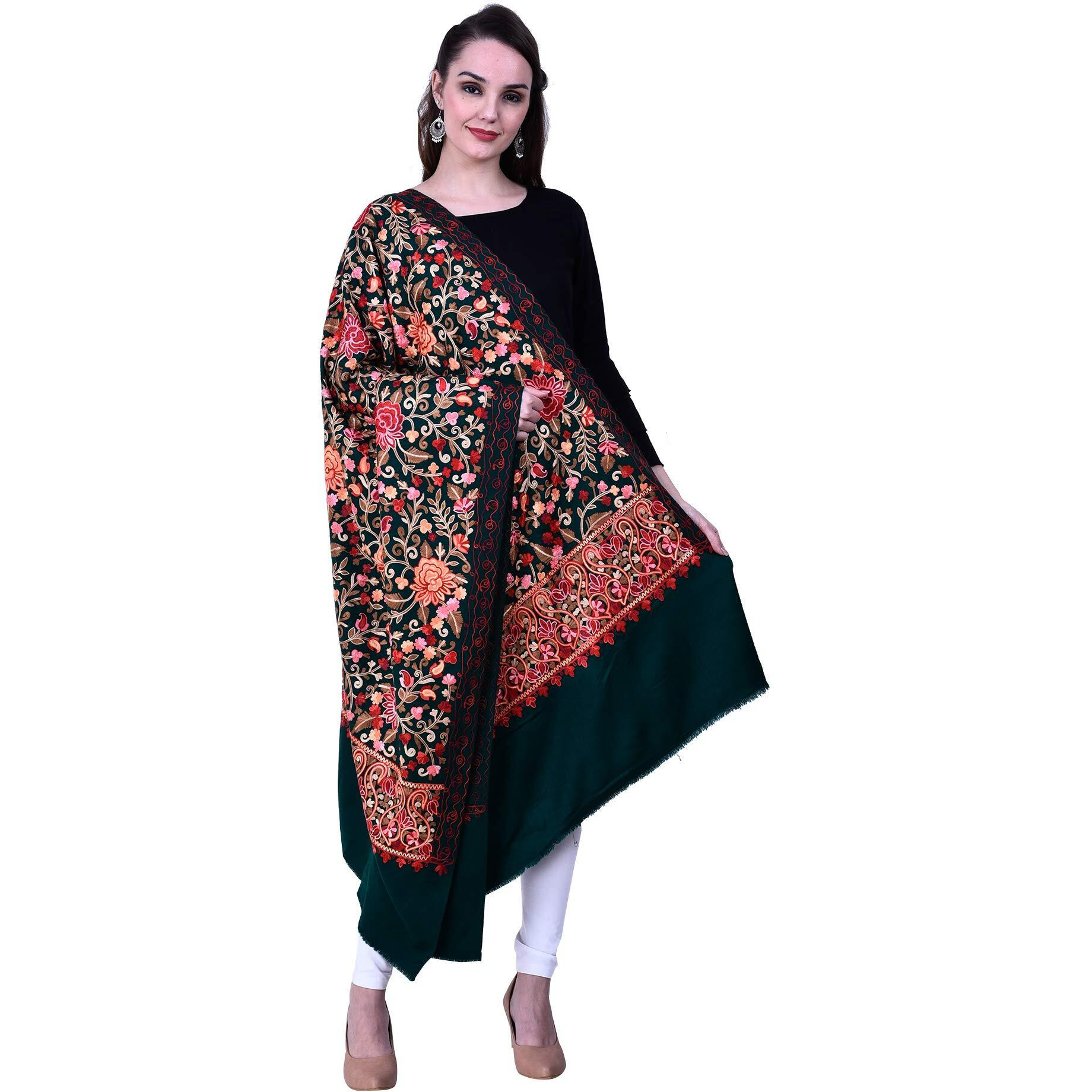 Swi With Label Women's Kashmiri Wool Blended Shawl Embroidered By Kashmiri Artisans, (Large Size - 40 X 80 Inches)