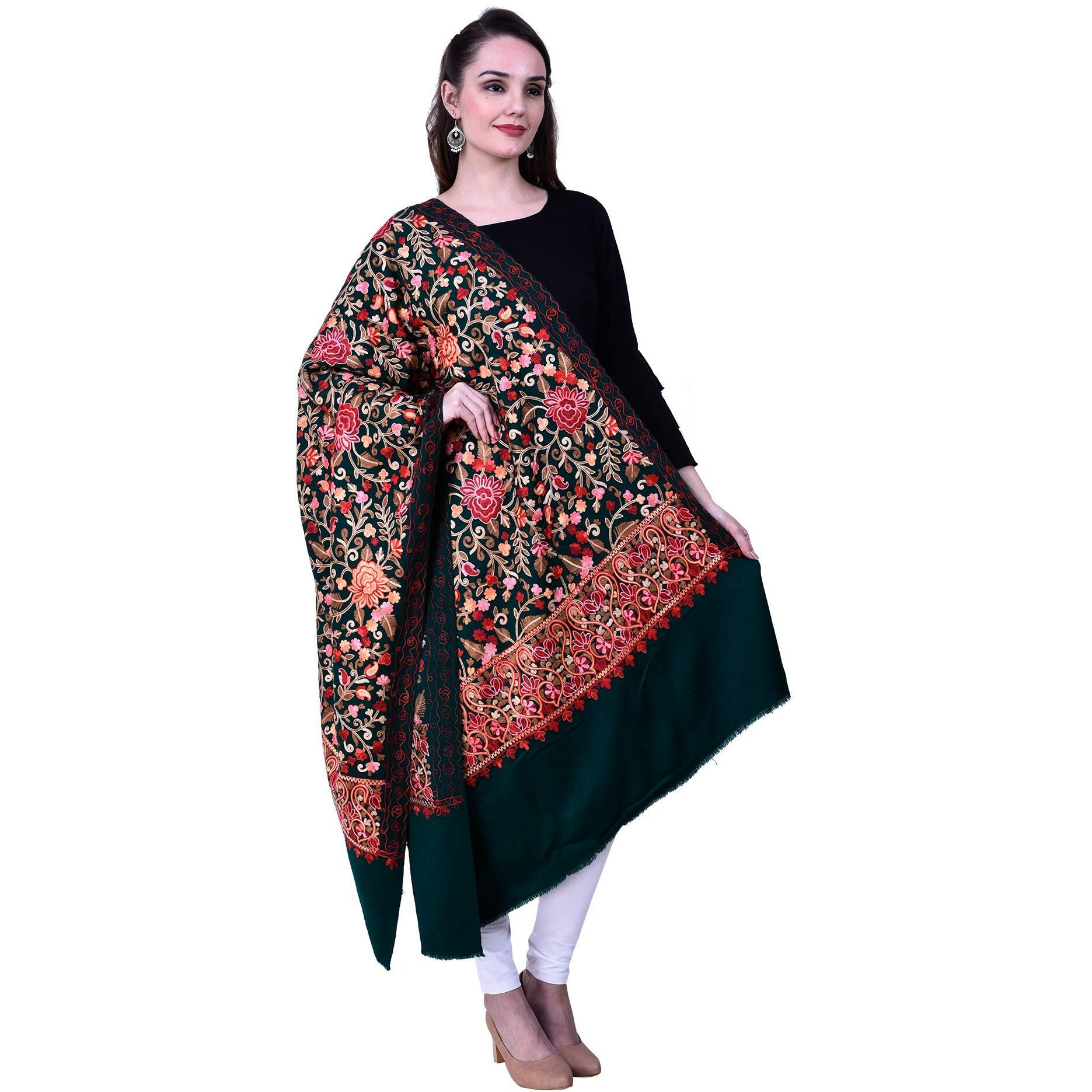Swi With Label Women's Kashmiri Wool Blended Shawl Embroidered By Kashmiri Artisans, (Large Size - 40 X 80 Inches)