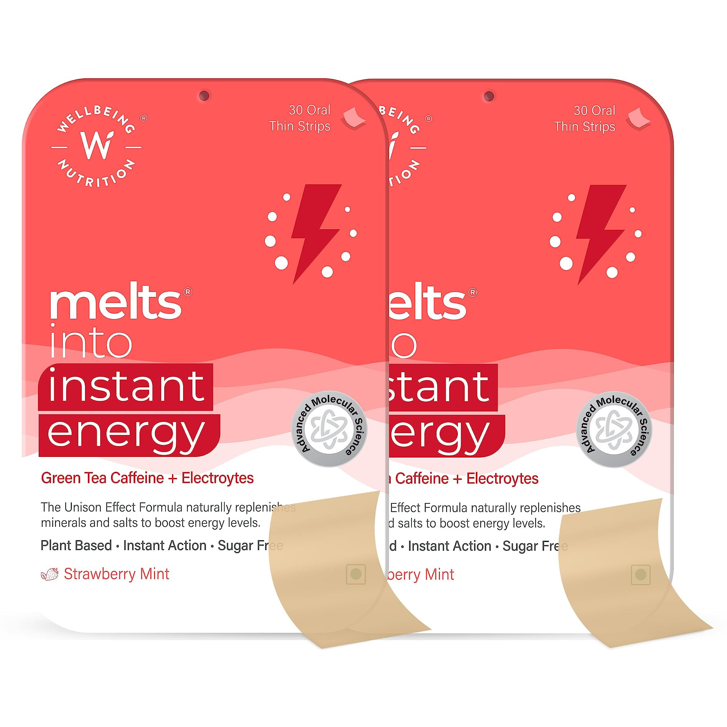 Wellbeing Nutrition Melts Instant Energy, 100% Plant Based Green Tea Caffeine, Essential Electrolytes And Vitamins For Endurance, Sports Hydration, Pre Workout Energy Boost - 60 Oral Strips