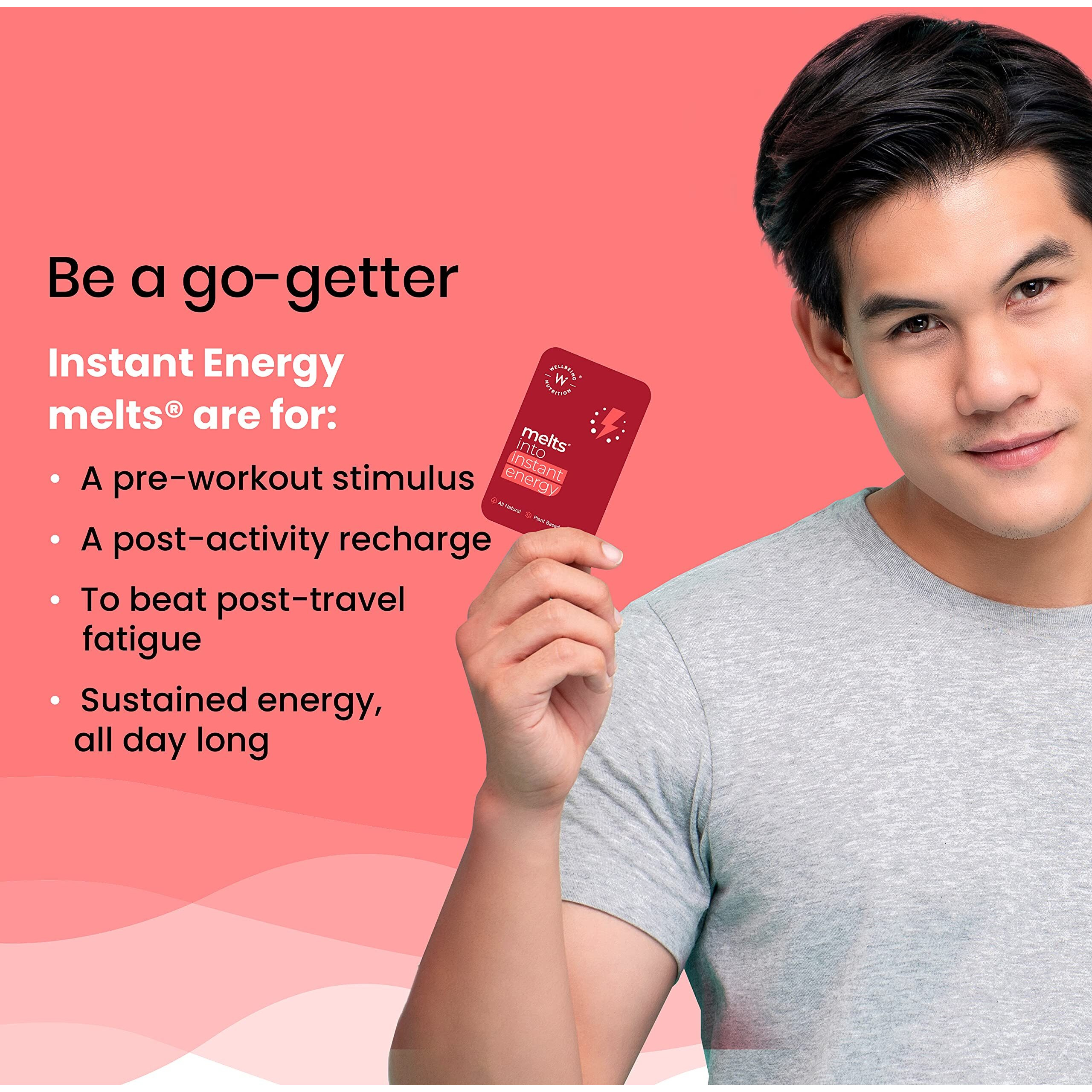 Wellbeing Nutrition Melts Instant Energy, 100% Plant Based Green Tea Caffeine, Essential Electrolytes And Vitamins For Endurance, Sports Hydration, Pre Workout Energy Boost - 60 Oral Strips