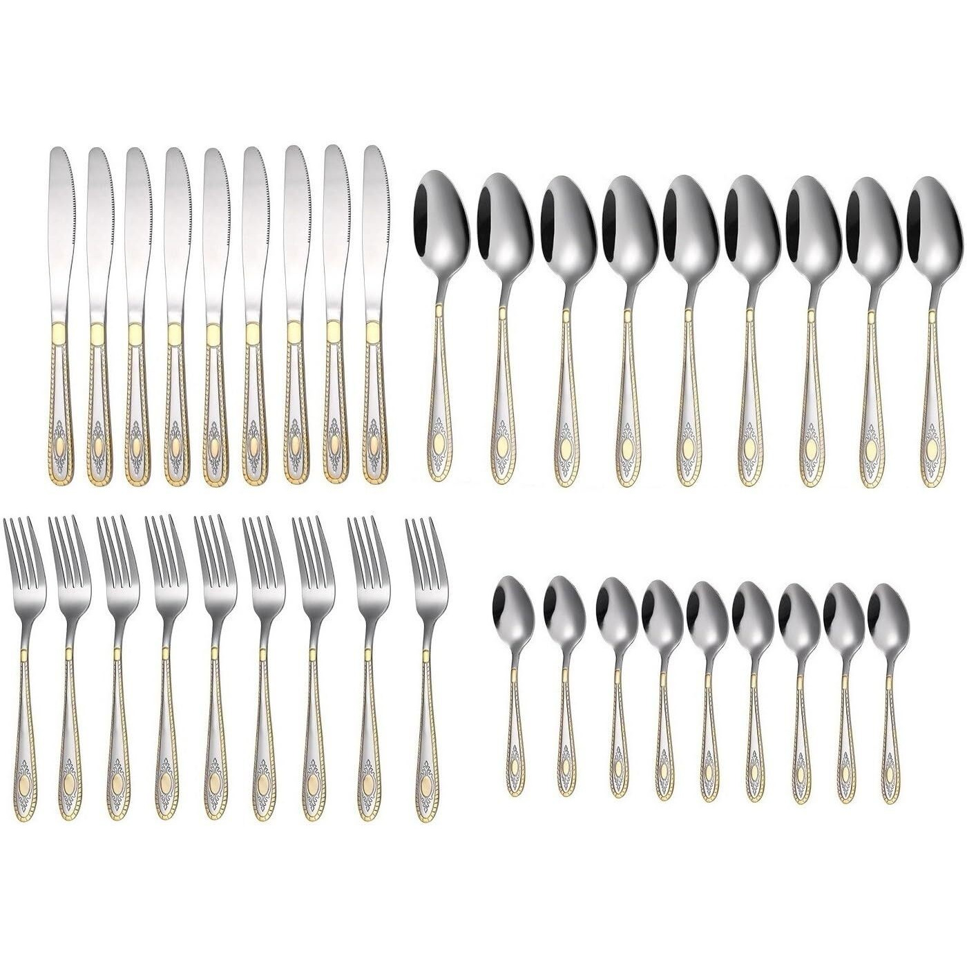 Anh Mart Mirror Finish Silver Gold Plated Stainless Steel Flatware Set Copper Silverware Set Rose Gold Spoon Color Cutlery Set [Dinner Fork-Tea Spoon-Salad Spoon-Knife] Set Of (Silver Gold, 36)