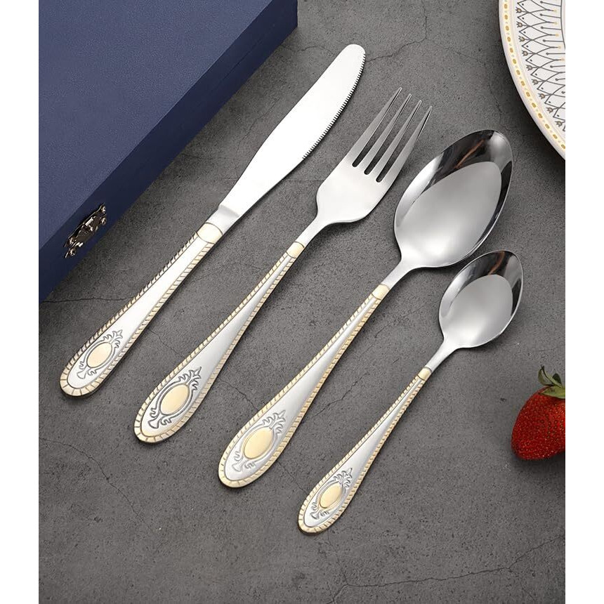 Anh Mart Mirror Finish Silver Gold Plated Stainless Steel Flatware Set Copper Silverware Set Rose Gold Spoon Color Cutlery Set [Dinner Fork-Tea Spoon-Salad Spoon-Knife] Set Of (Silver Gold, 36)