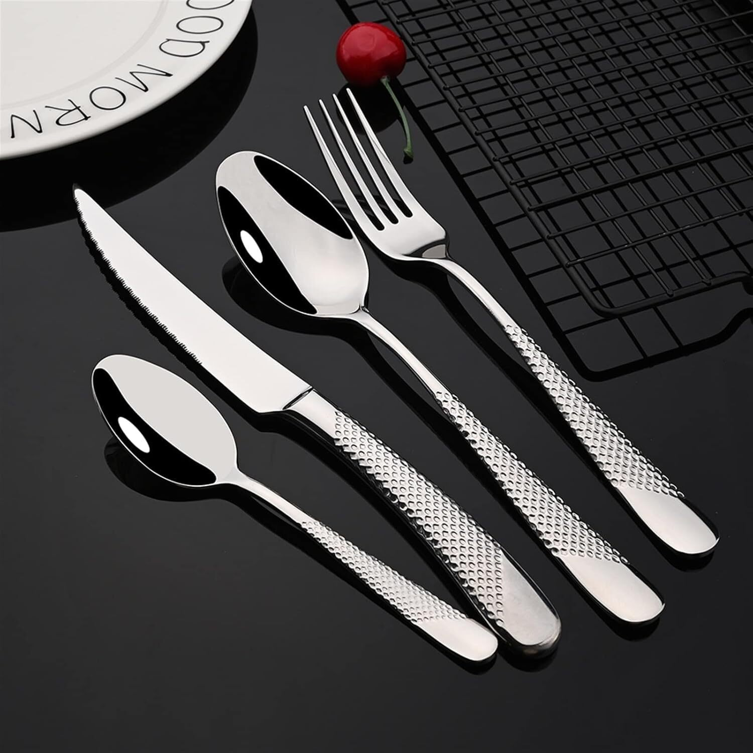 Anh Mart Mirror Finish Silver Plated Stainless Steel Flatware Set Copper Silverware Set Rose Gold Spoon Color Cutlery Set [Dinner Fork-Tea Spoon-Salad Spoon-Knife] Set Of (Silver Dot, 36)