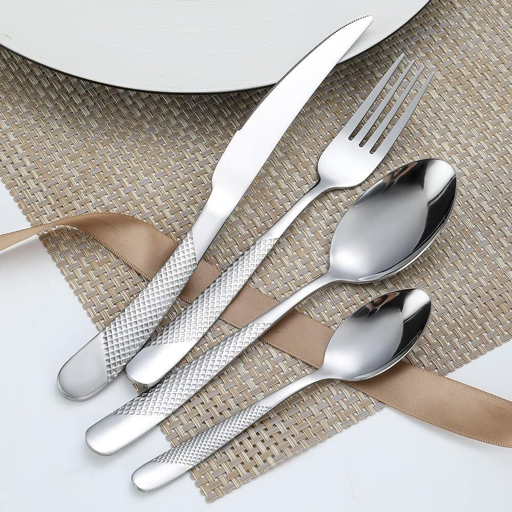 Anh Mart Mirror Finish Silver Plated Stainless Steel Flatware Set Copper Silverware Set Rose Gold Spoon Color Cutlery Set [Dinner Fork-Tea Spoon-Salad Spoon-Knife] Set Of (Silver Dot, 36)