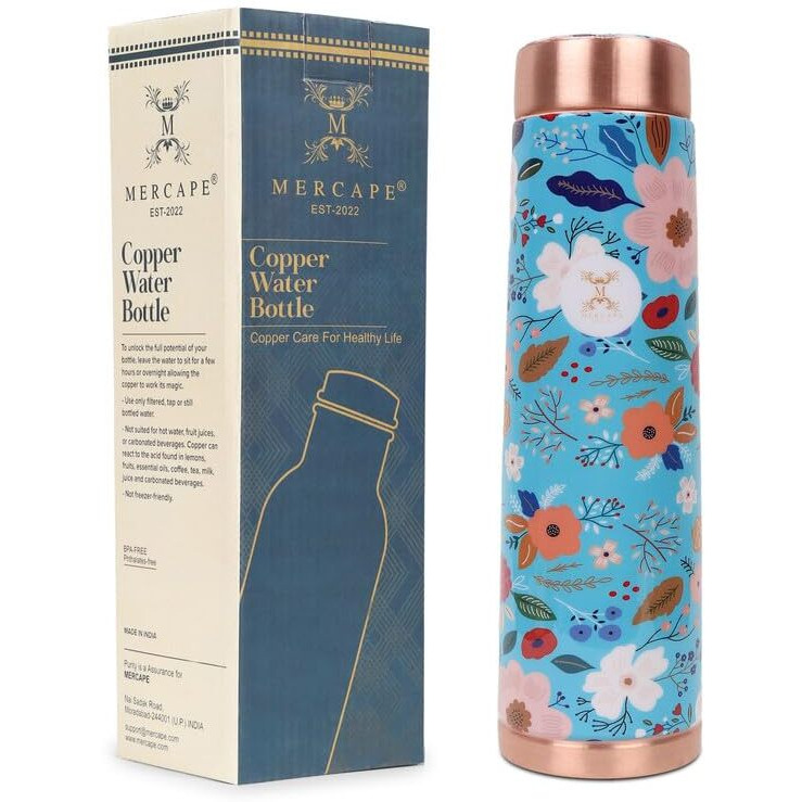 Mercape Discover Ayurvedic Benefits Pure Copper Water Bottle - Multi Colored Design, Leak Proof (950Ml)