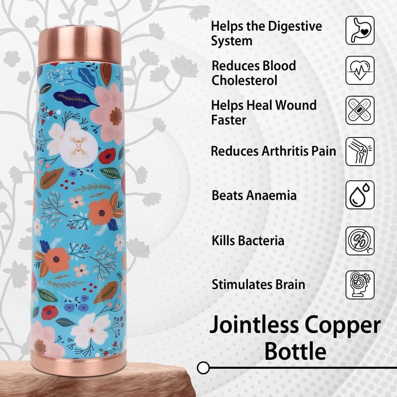 Mercape Discover Ayurvedic Benefits Pure Copper Water Bottle - Multi Colored Design, Leak Proof (950Ml)