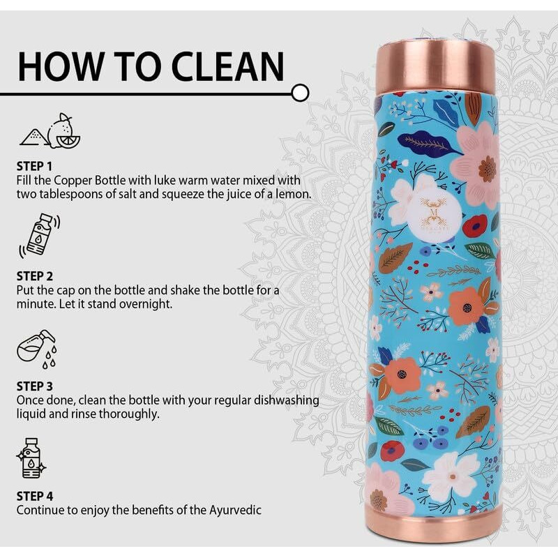 Mercape Discover Ayurvedic Benefits Pure Copper Water Bottle - Multi Colored Design, Leak Proof (950Ml)