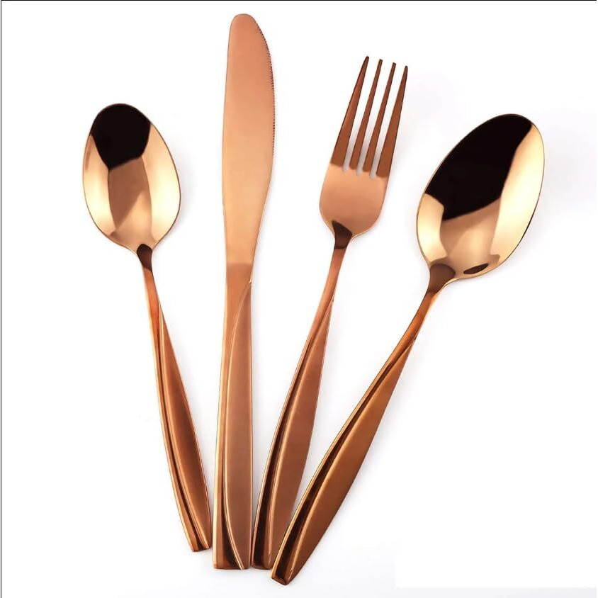 Anh Mart Mirror Finish Rose Gold Plated Stainless Steel Flatware Set Copper Silverware Set Rose Gold Spoon Color Cutlery Set [Dinner Fork-Tea Spoon-Salad Spoon-Knife] Set Of (Rose Gold Lineing, 36)