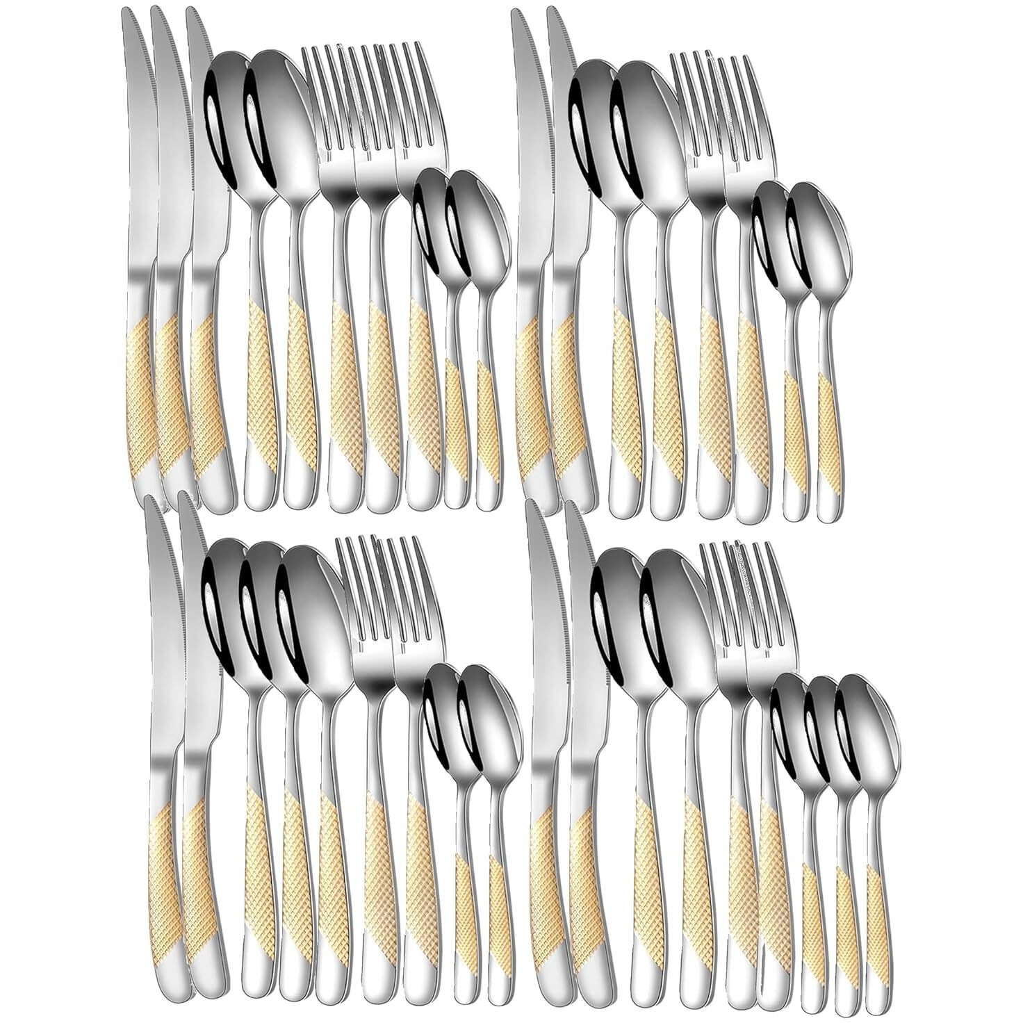 Anh Mart Mirror Finish Gold Plated Stainless Steel Flatware Set Copper Silverware Set Rose Gold Spoon Color Cutlery Set [Dinner Fork-Tea Spoon-Salad Spoon-Knife] Set Of (Golden Dot, 36)
