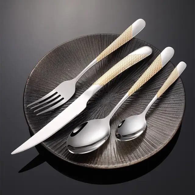 Anh Mart Mirror Finish Gold Plated Stainless Steel Flatware Set Copper Silverware Set Rose Gold Spoon Color Cutlery Set [Dinner Fork-Tea Spoon-Salad Spoon-Knife] Set Of (Golden Dot, 36)