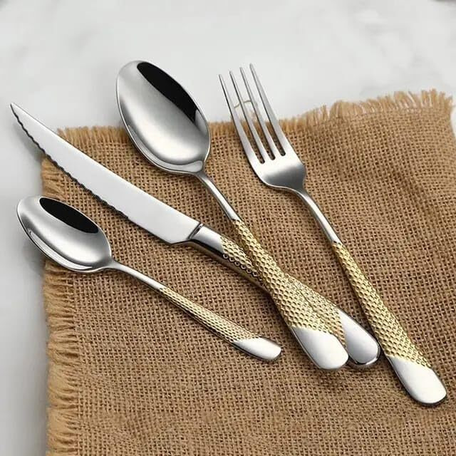 Anh Mart Mirror Finish Gold Plated Stainless Steel Flatware Set Copper Silverware Set Rose Gold Spoon Color Cutlery Set [Dinner Fork-Tea Spoon-Salad Spoon-Knife] Set Of (Golden Dot, 36)