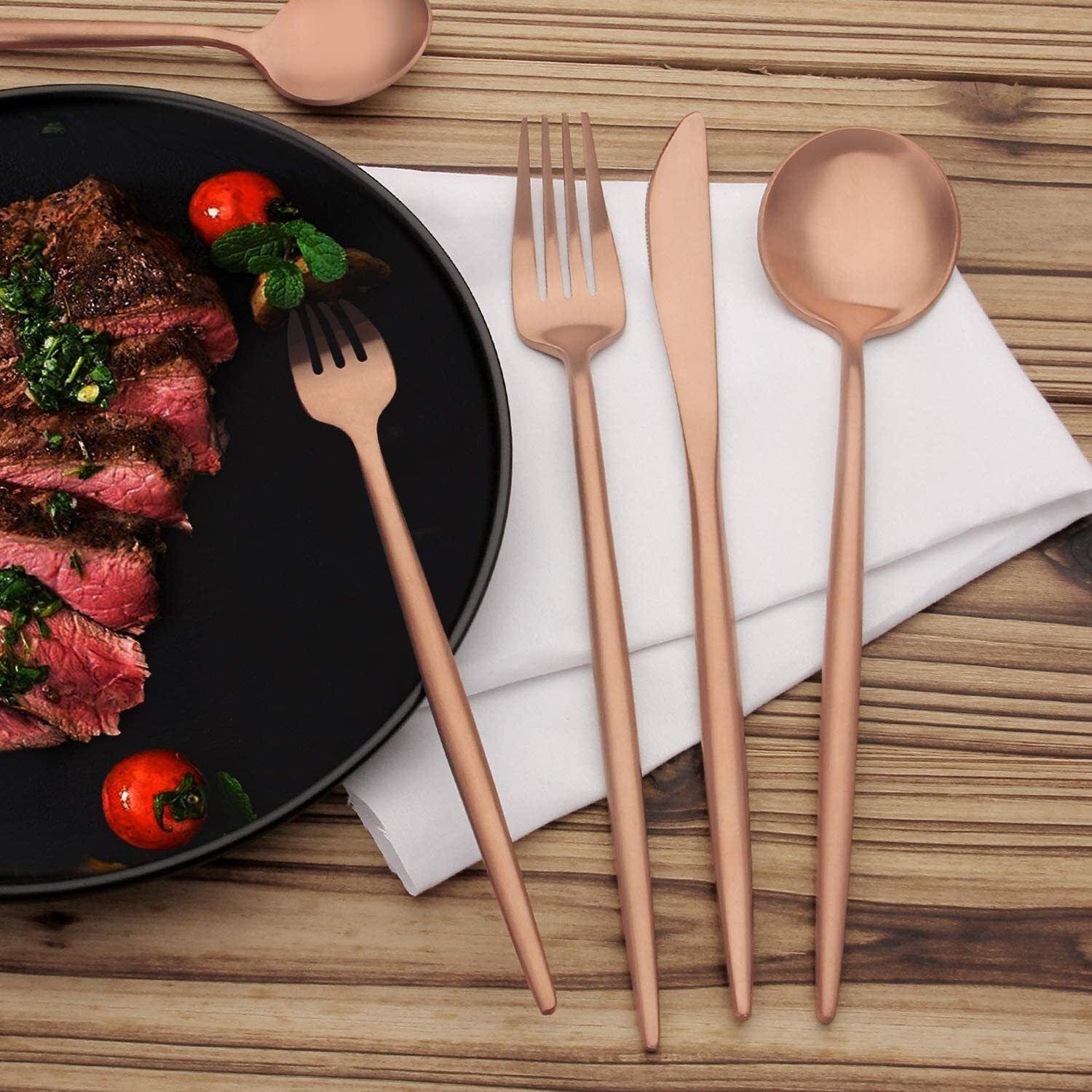 Anh Mart Mirror Finish Rose Gold Plated Stainless Steel Flatware Set Copper Silverware Set Rose Gold Spoon Color Cutlery Set [Dinner Fork-Tea Spoon-Salad Spoon-Knife] Set Of (Rose Gold 36)