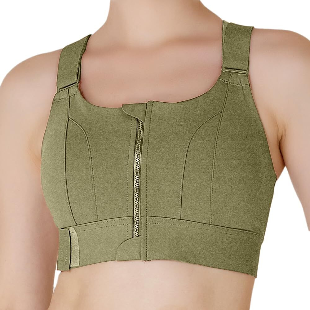 Luella High Impact Sports Bra, Front Zip, Adjustable Velcro Straps, Crisscross Back, Black (In, Alpha, 4Xl, Regular, Olive)