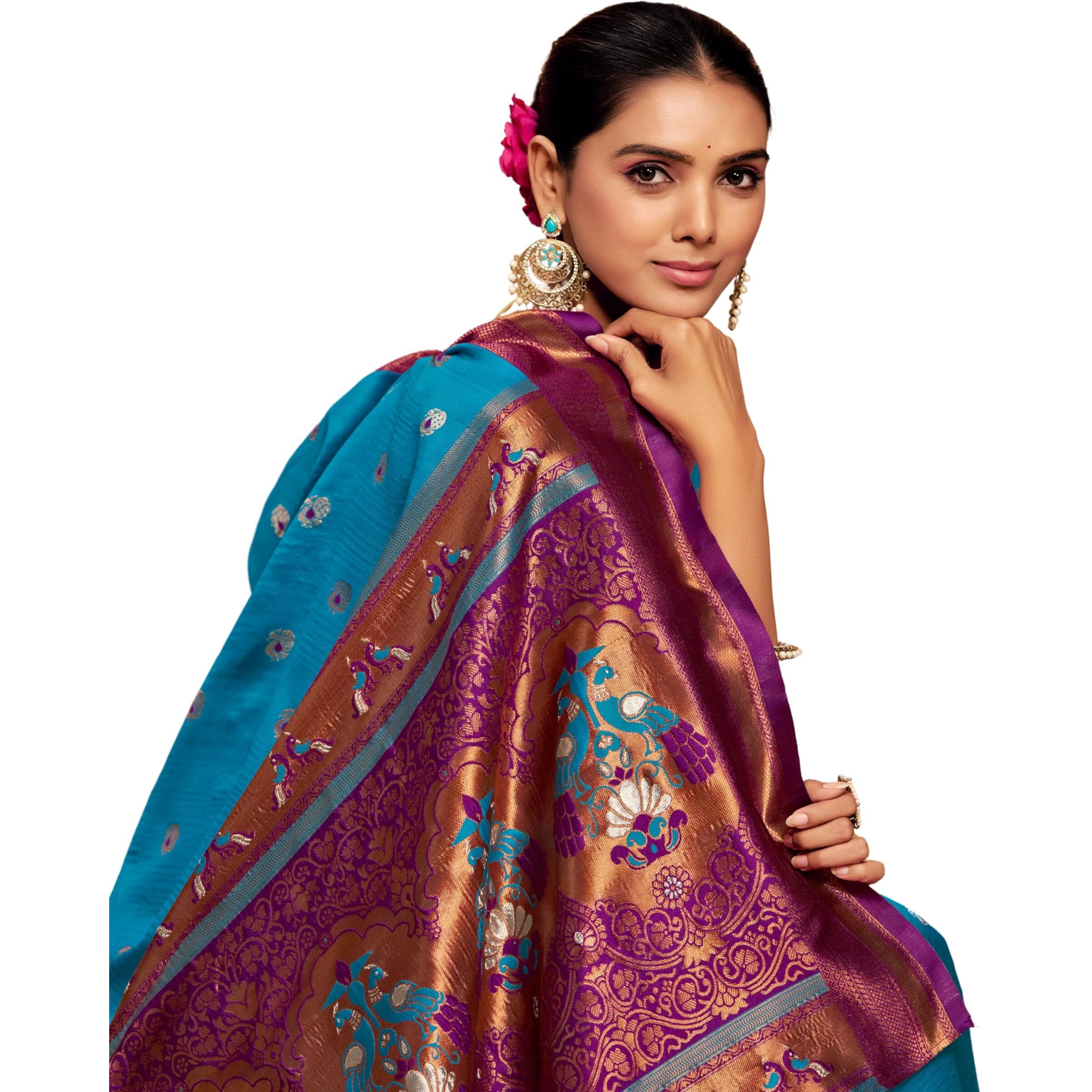 Ethnicjunction Women's Silk Blend Woven Paithani Saree With Blouse Piece (Sky Blue & Wine)