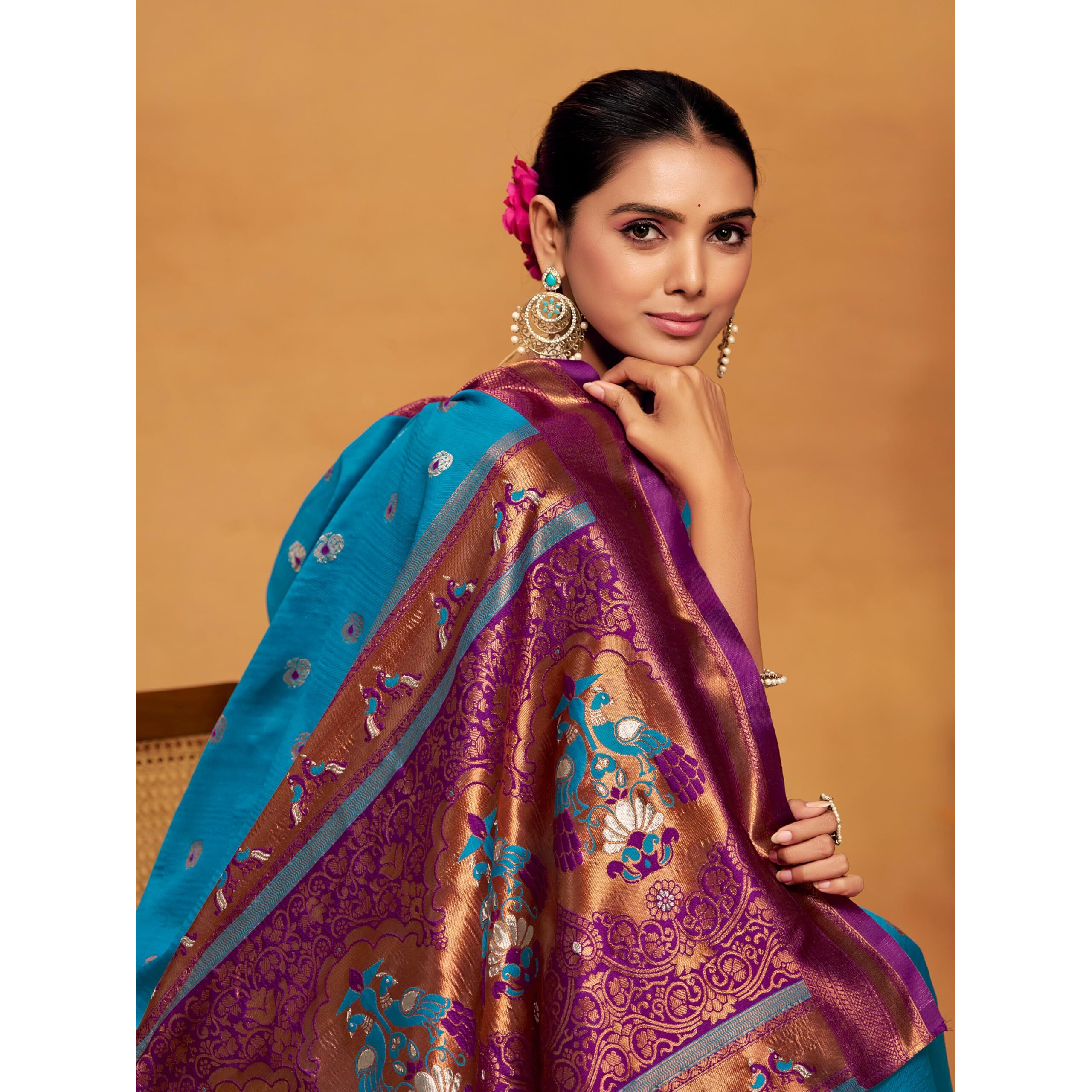 Ethnicjunction Women's Silk Blend Woven Paithani Saree With Blouse Piece (Sky Blue & Wine)