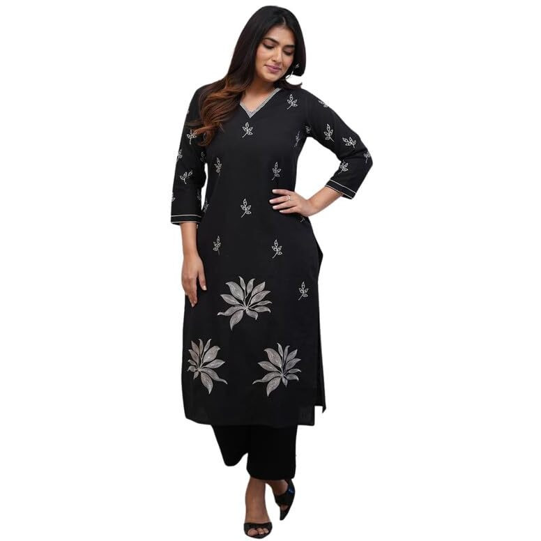 Royal Export Women's Viscose Floral Embroidered Straight Kurta Set With Pant (Rx72 Blackctn-Kp_M, Regular Fit)