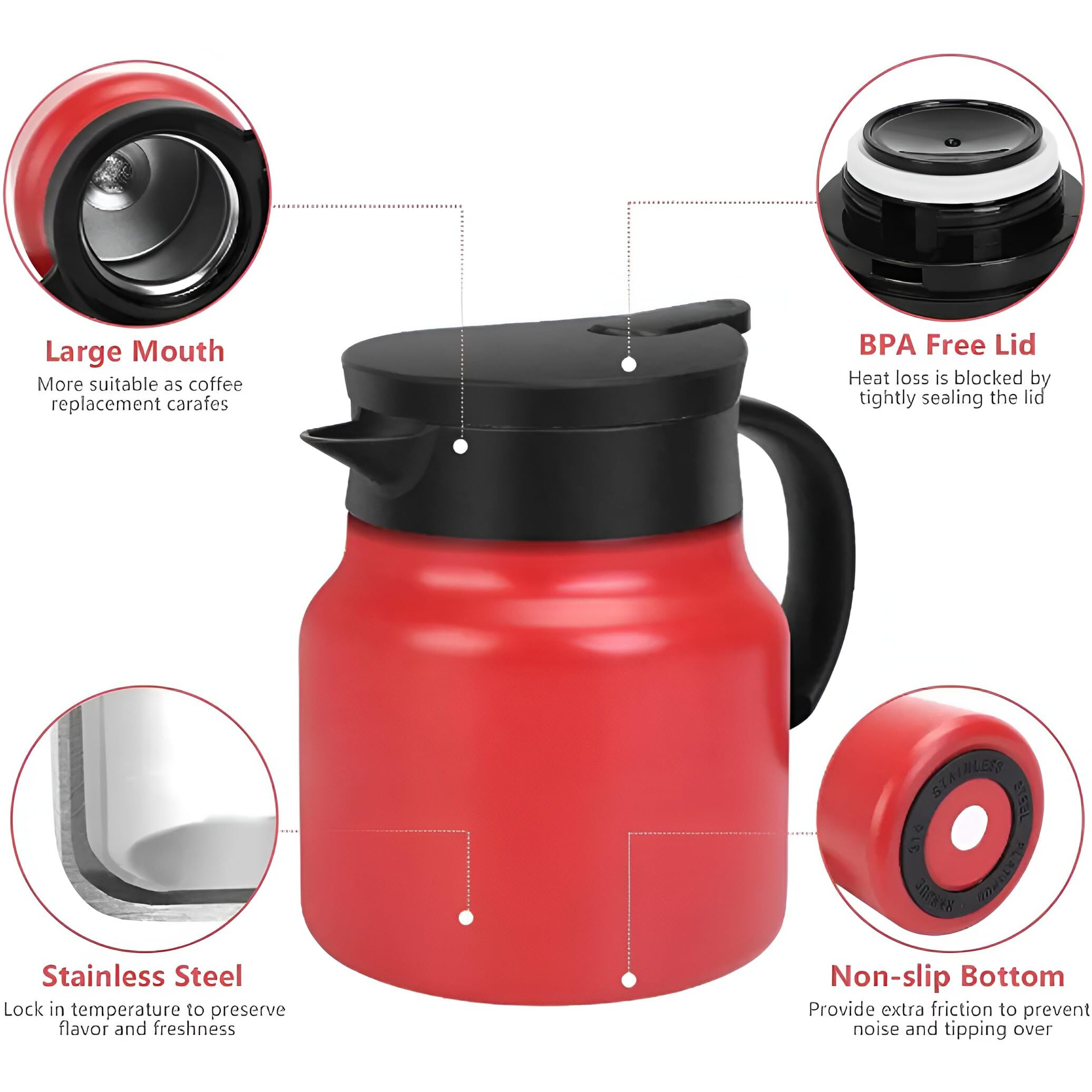 Vendly Stainless Steel 1000Ml Teapot With Handle & Steel Infuser | Double Wall Vacuum Insulated Carafe For Tea, Coffee & Juice | Bpa-Free Tea Pot| Keeps Drinks Hot For 18 H & Cold For 24 H (Red)